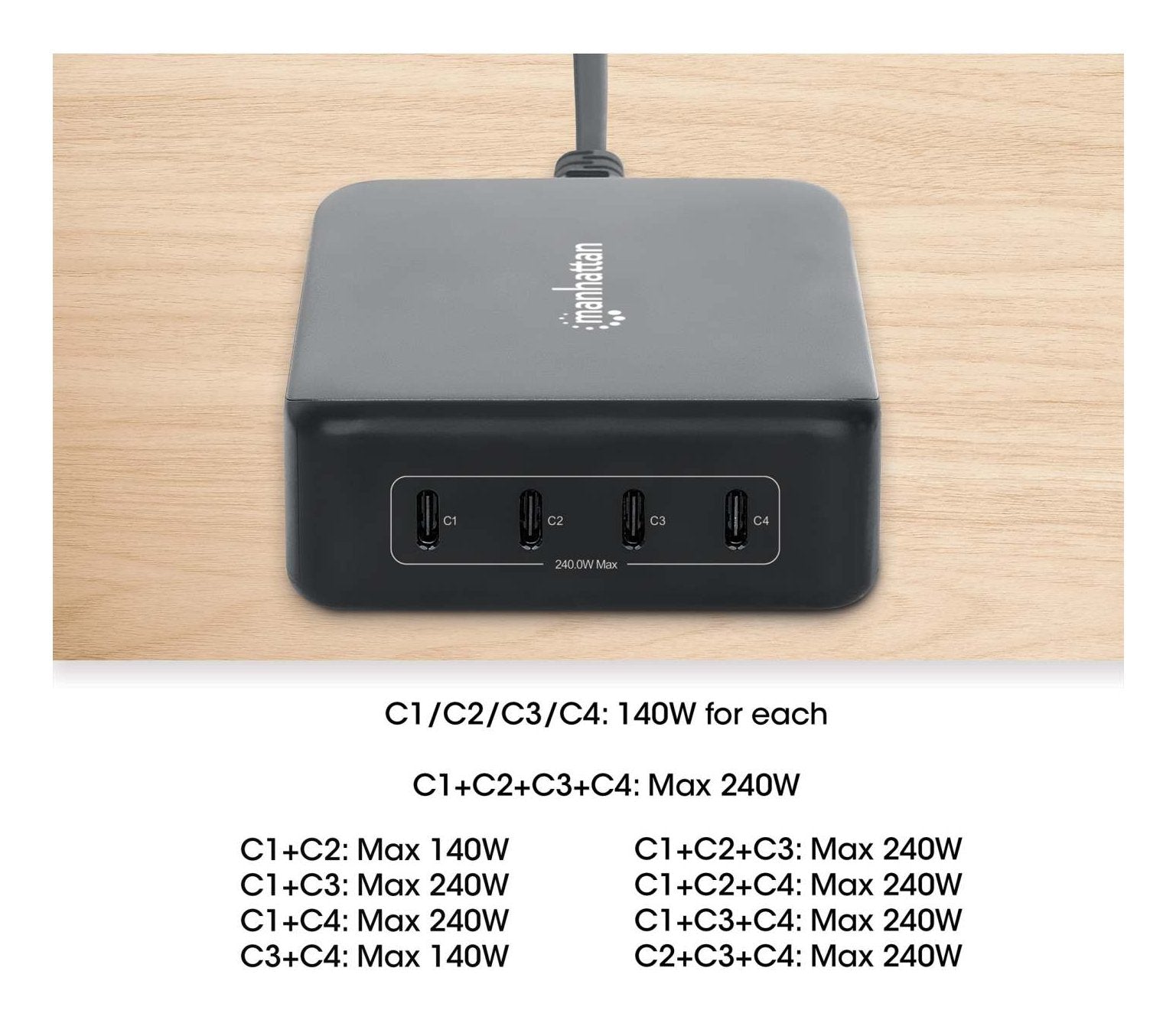 Manhattan 4-Port Gan Usb Power Delivery-Lademation 240w