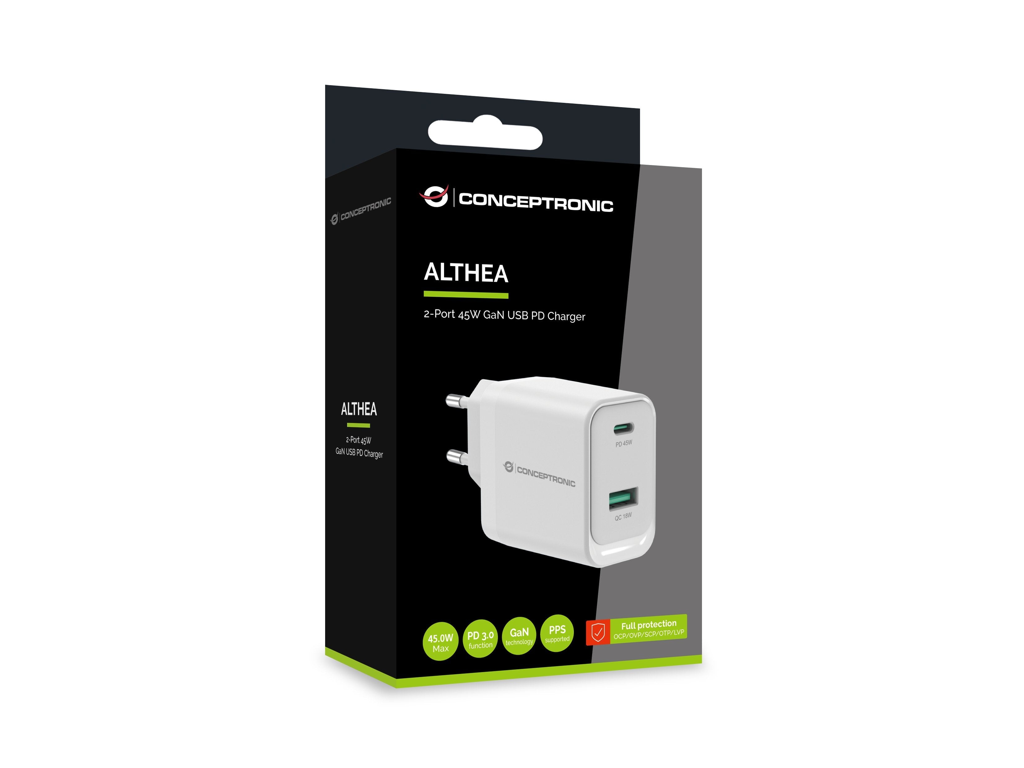 Cargador De Pared Quick Charge 3.0 Pd Pps 1 Puerto Usb-C 1 Puerto Usb-A Conceptronic Althea 45w