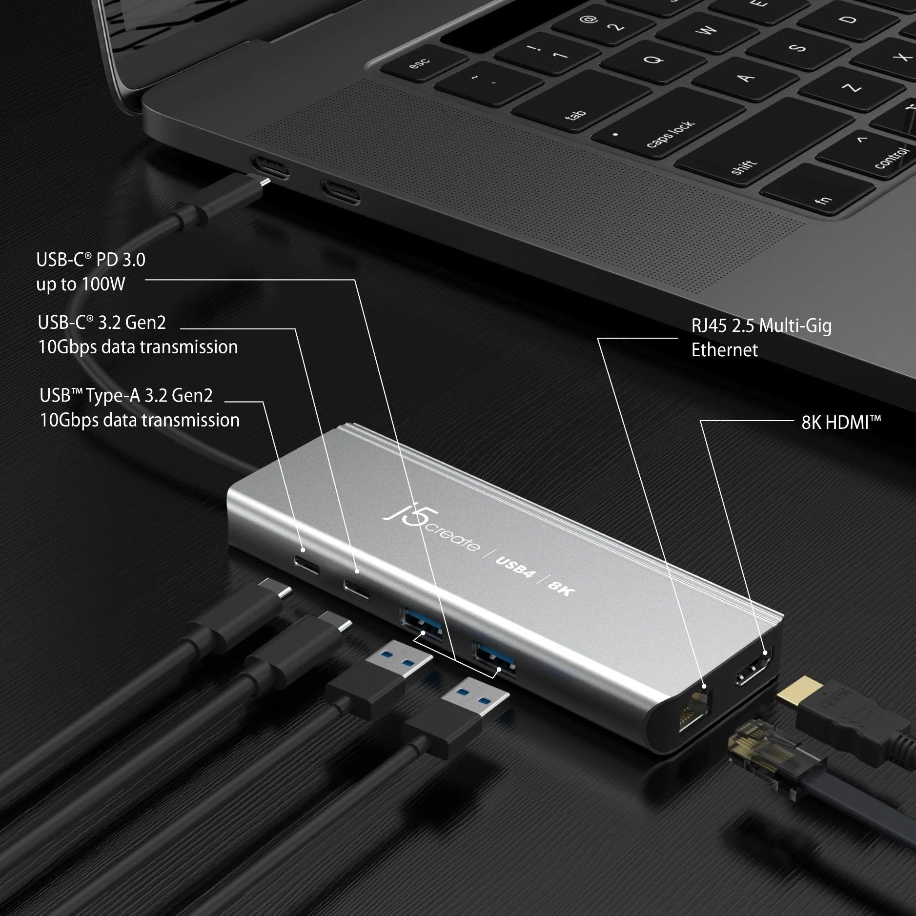 Estación De Conexión Hub Multipuerto J5create Usb4 8k 1x8k Hdmi/2xusb3.2/2xusb-C/Rj45 2.5g Plata Jcd403-N