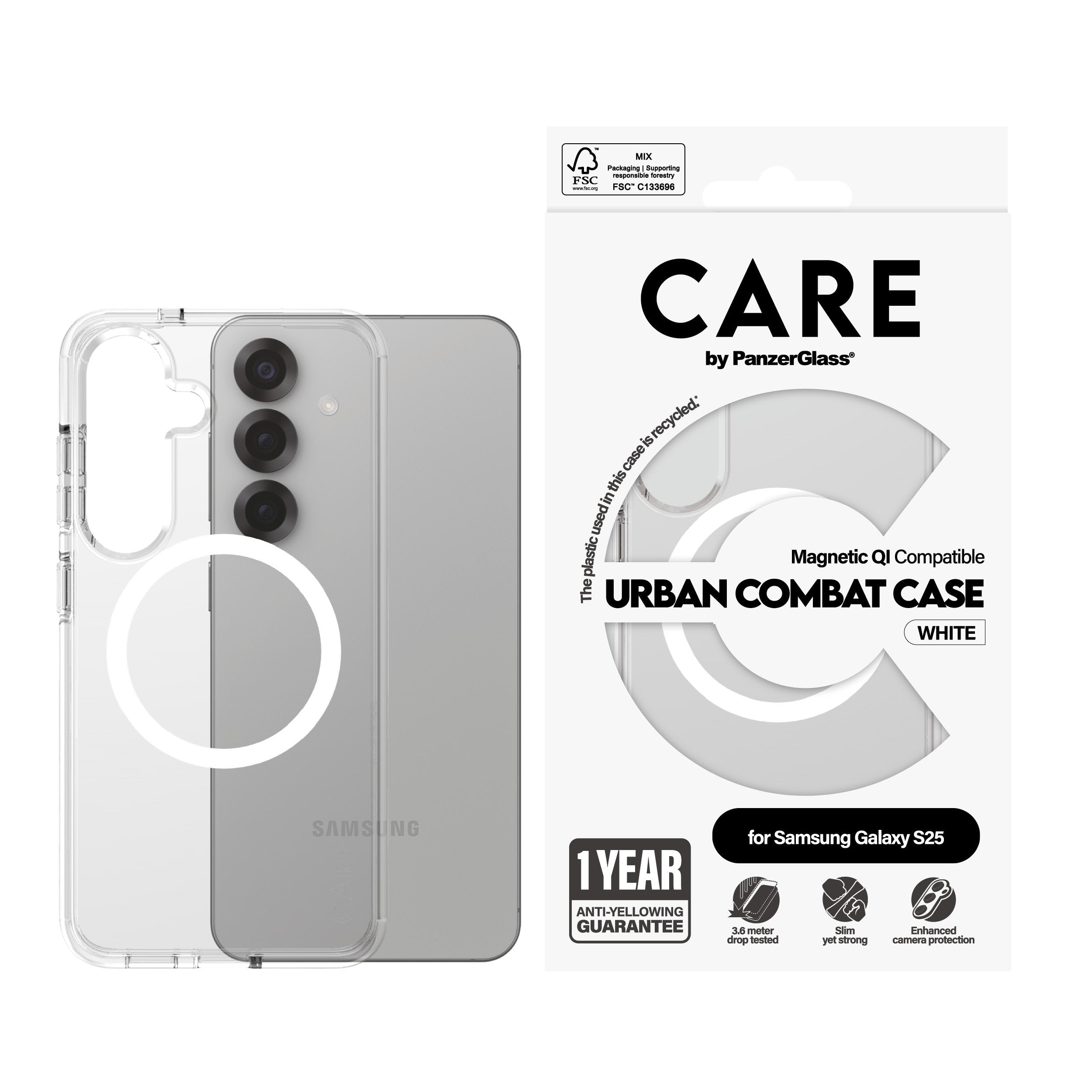 EAN 5715685017018 - PanzerGlass CARE™ by ® Urban Combat Case Transparent w. White Qi Compatible Samsung Galaxy S25 funda para imagen 2