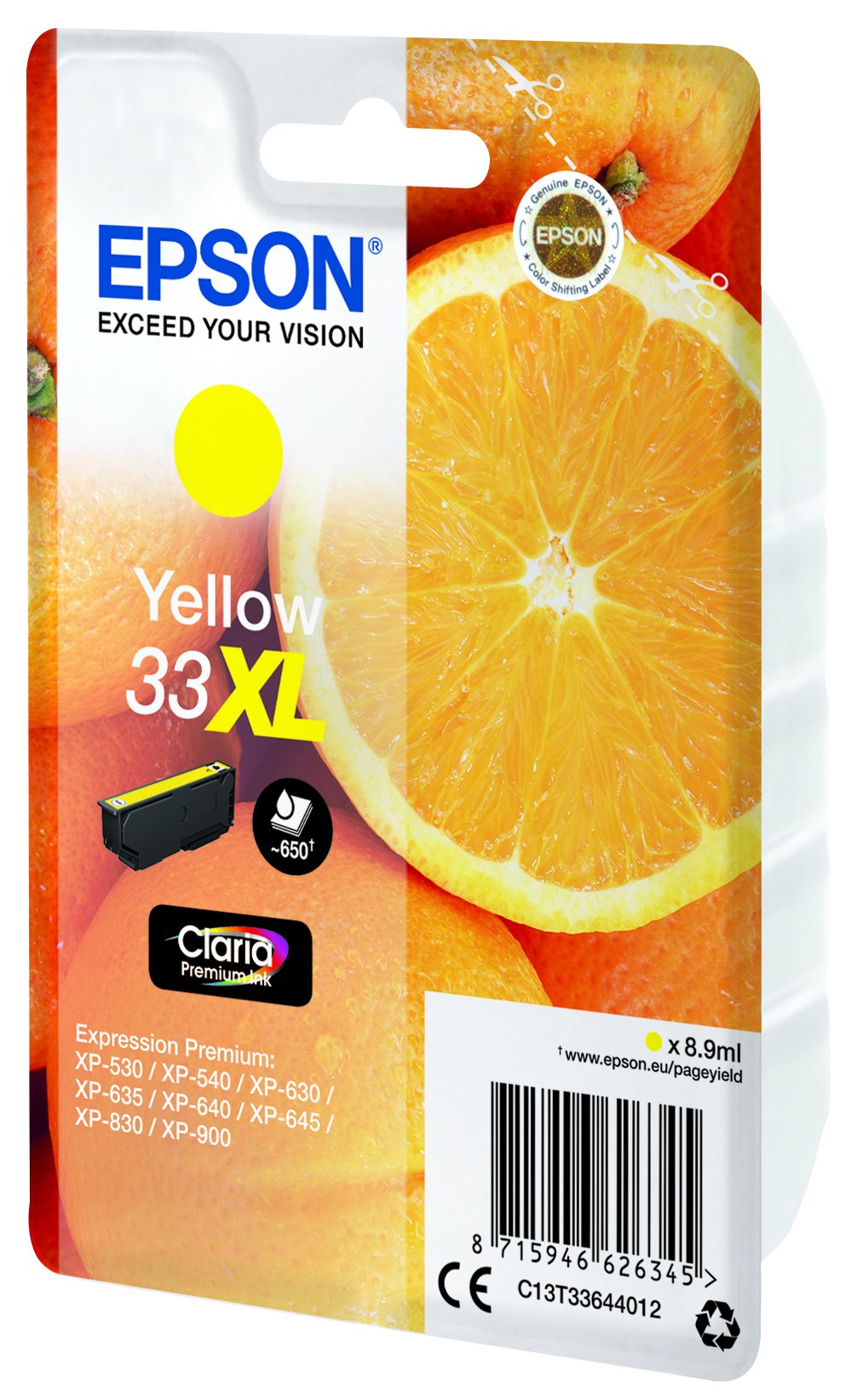 Epson 33xl 8.9 Ml Xl Amarillo Original Blíster Con Alarmas De Rf/Acústica Cartucho De Tinta Para Expression Home Xp-635 830 Expression Premium Xp-530 540 630 635 640 645 830 900