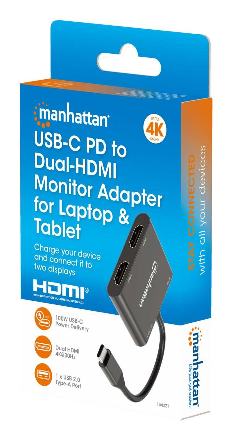 Manhattan Usb-C Pd A Dual-Hdmi-Monitor-Adaptador 4k 60hz