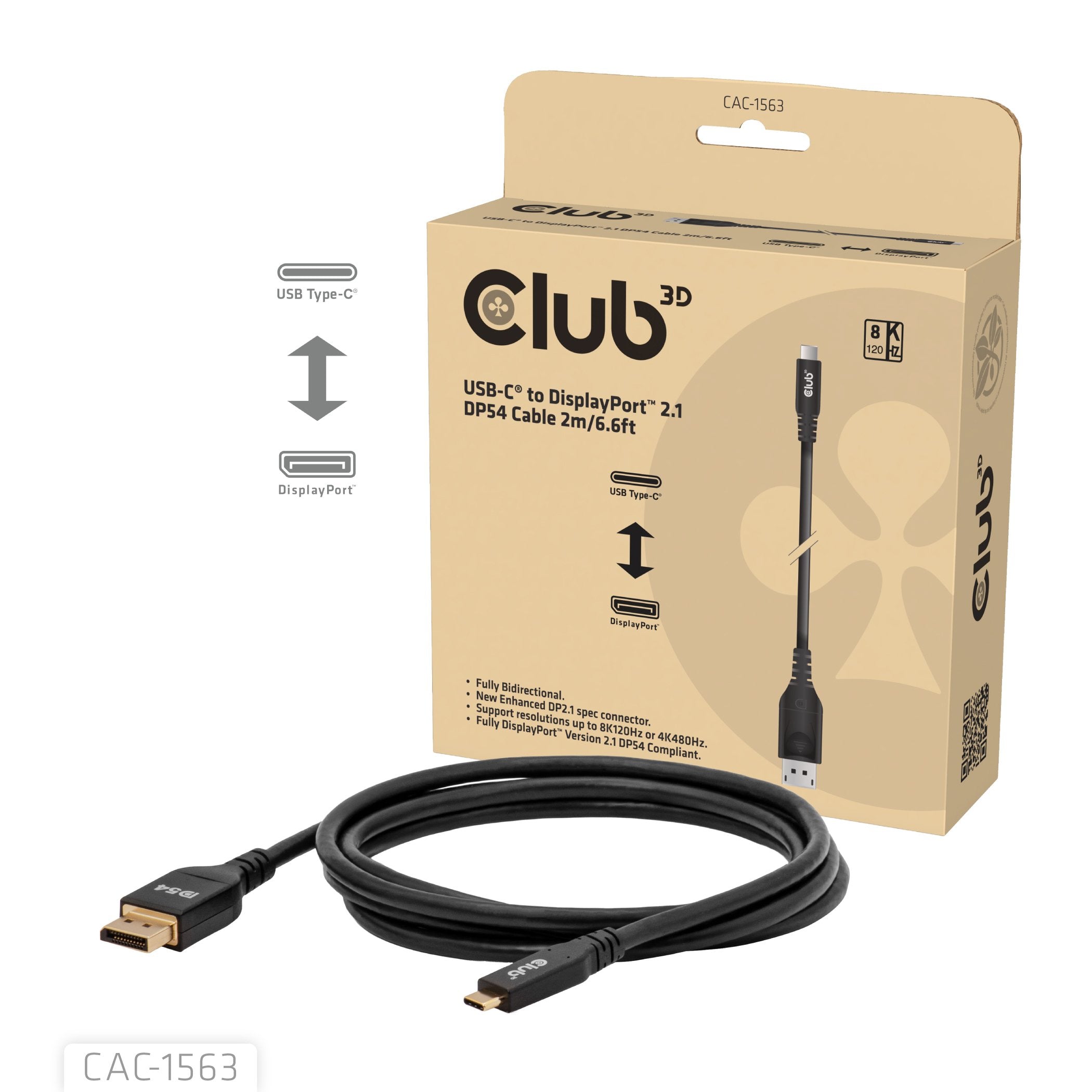 Club3d Cable Usb Typ C <-> Dp 2.1 2m 8k120hz M M