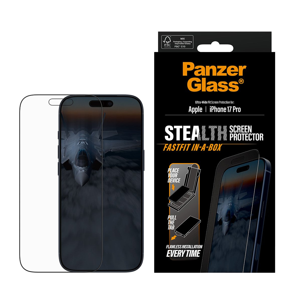 EAN 5715685026614 - PanzerGlass ® Stealth Screen Protector w. Black Frame iPhone 17 Pro | Ultra-Wide Fit w. Fastfit in-a-box imagen 2