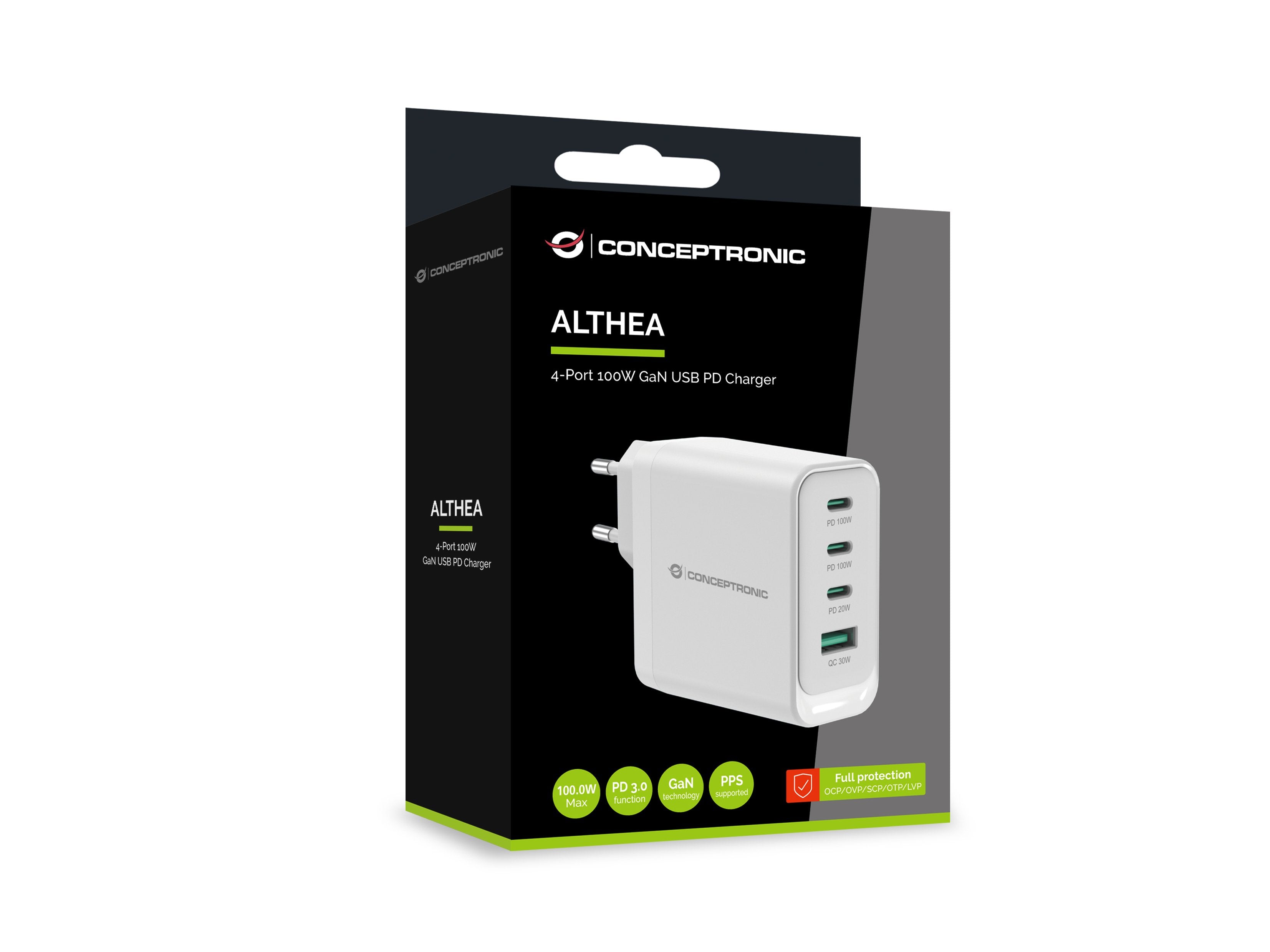 Cargador De Pared Quick Charge 3.0 Pd Pps 3 Puertos Usb-C 1 Puerto Usb-A Conceptronic Althea 100w