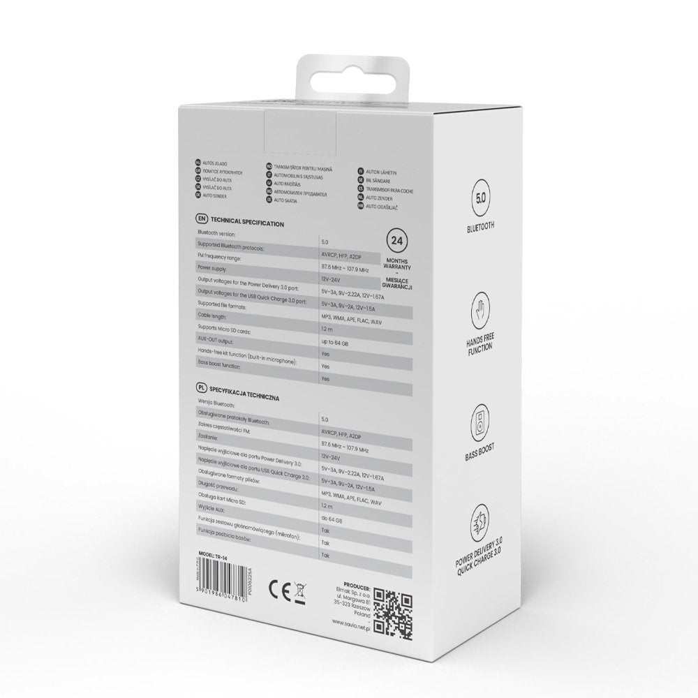 EAN 5901986047810 - Savio TR-14 Transmiter FM z Bluetooth i ładowarką PD 87,6 - 107,9 MHz Bluetooth/USB Negro imagen 11