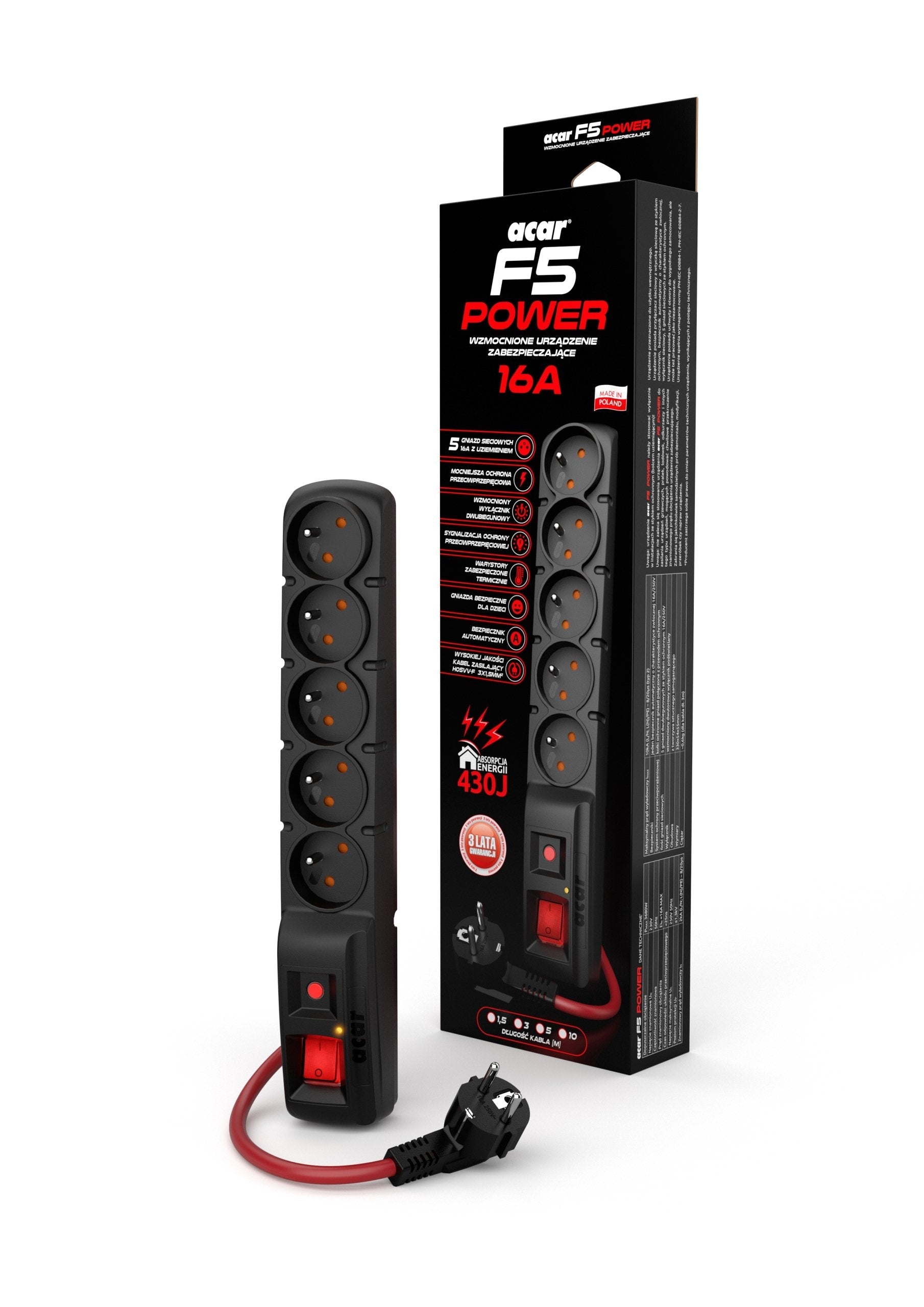 EAN 5904743405601 - ACAR F5 POWER Negro 5 salidas AC 230 V 3 m imagen 2