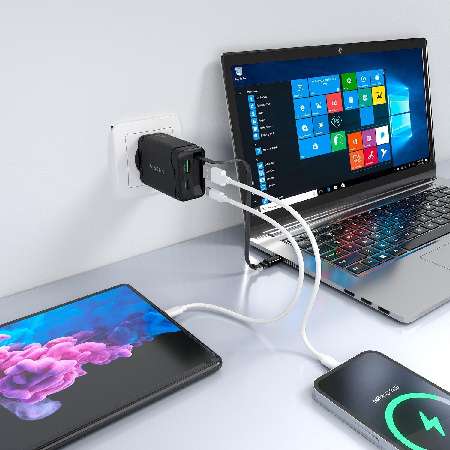 Aisens Cargador Gan 65w, 1xusb-C Cable Retractil, 1xusb-C Pd3.0, 1xusb-A Qc3.0, Negro