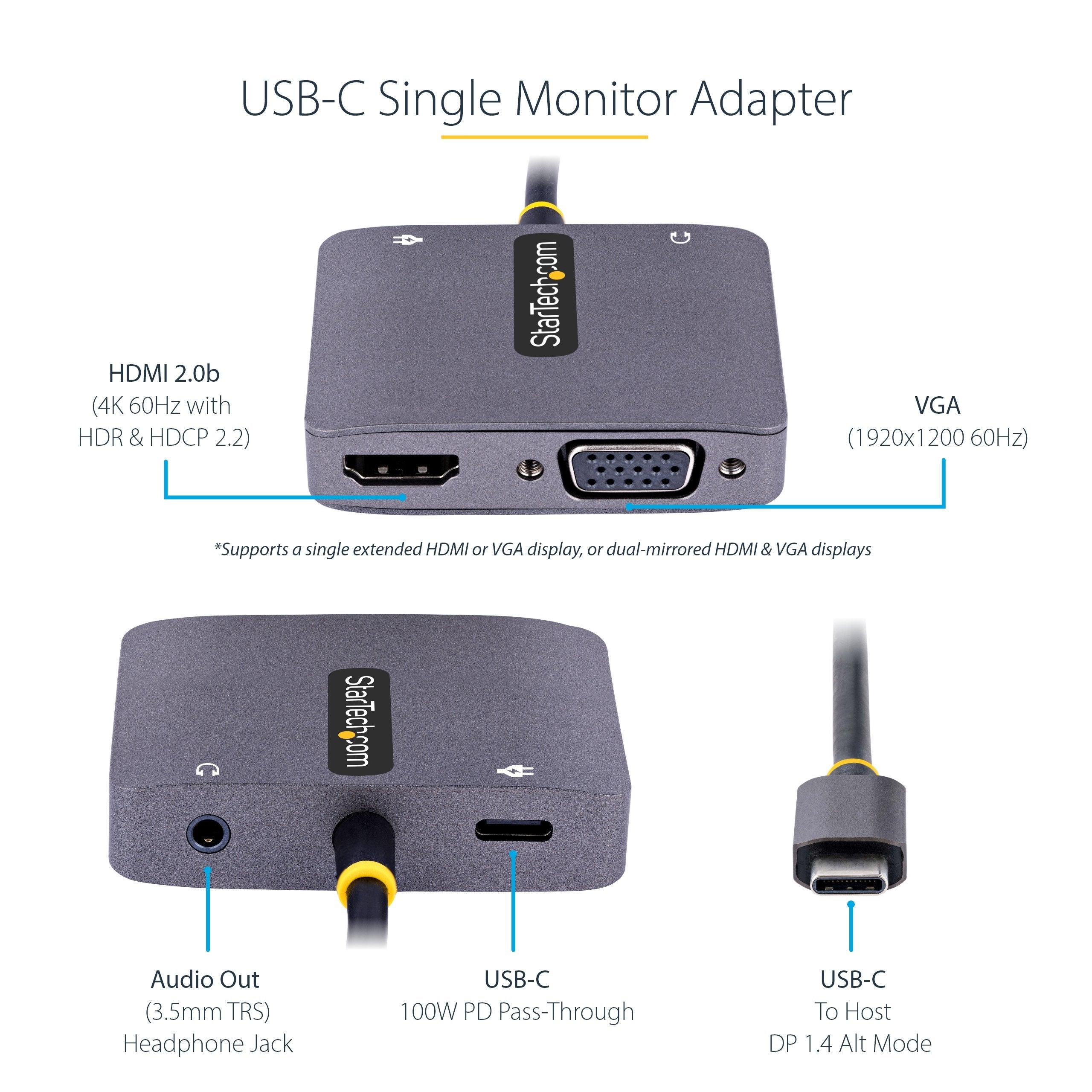 Startech Adaptador Usb Tipo C A Hdmi Vga Con Salida De Audio De 3,5mm, Hdr 4k A 60hz, Pd 3.0 De 100w