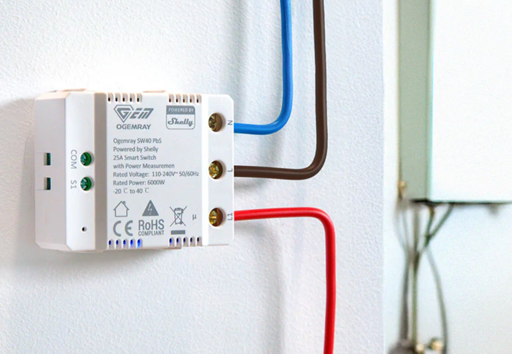 Shelly Pbs · \"Ogemray Smart Relay 25a\" · Grossgeräte Relais · Max. 25a · Messfunktion · Wlan · Lan · Bt · Sw40-25a-Relay-Pbs