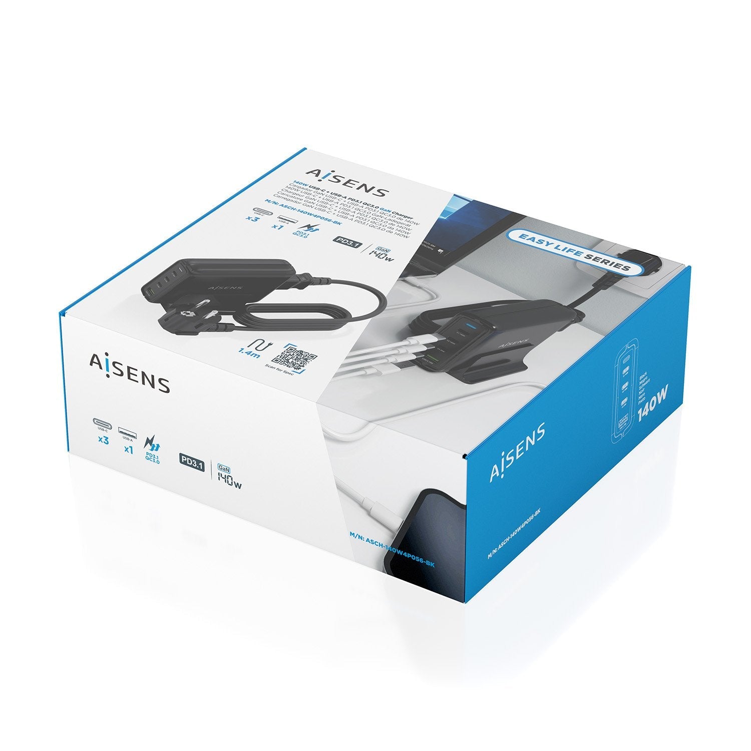 Aisens Cargador Sobremesa Gan 140w, 3xusb-C Pd3.1 Qc4.0 Qc5.0, 1xusb-A Qc3.0, Negro