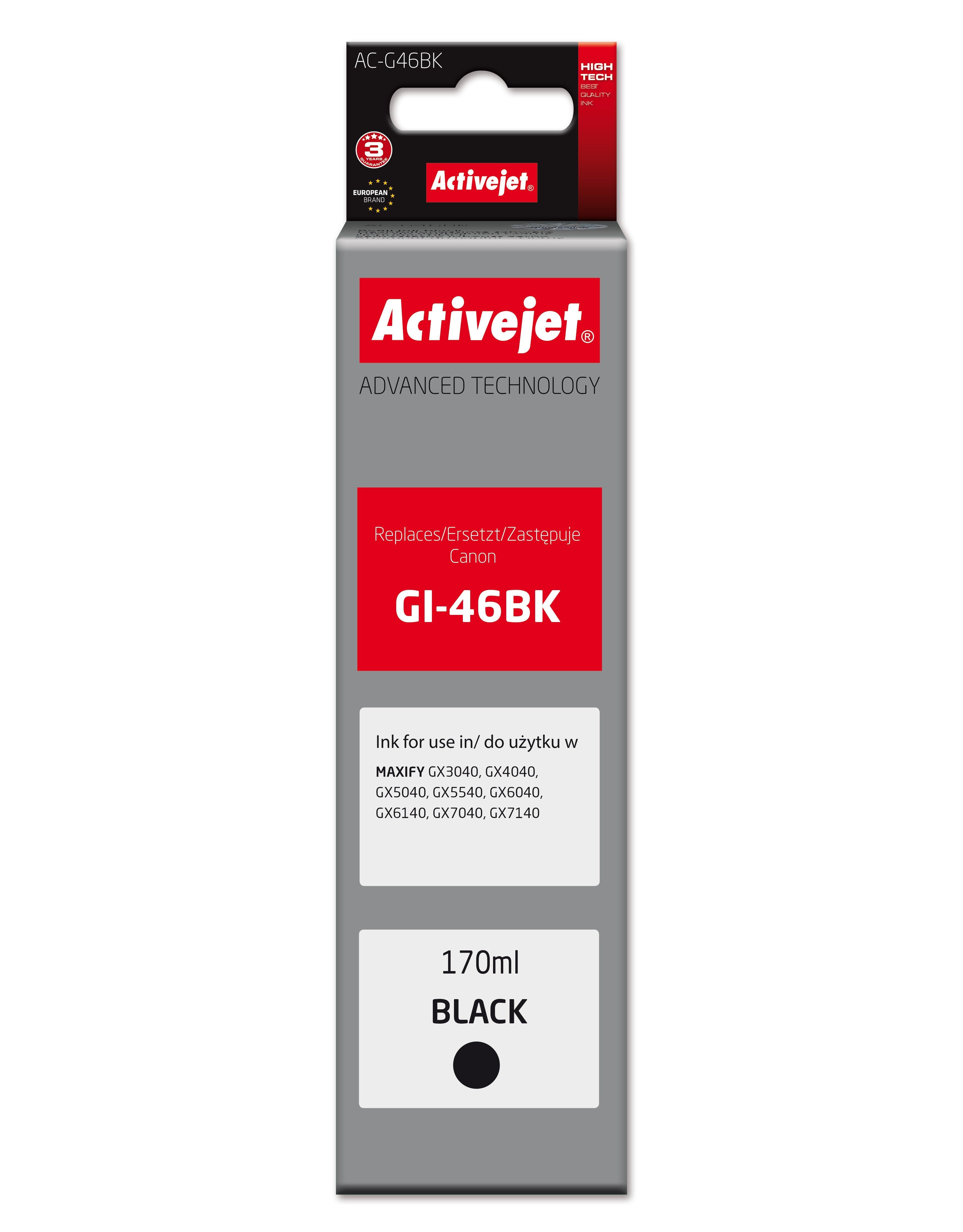 Activejet Ac-G46bk Cartucho De Tinta Para Impresora Canon, Equivalente Al Canon Gi-46bk; Supreme; 170 Ml; Negro