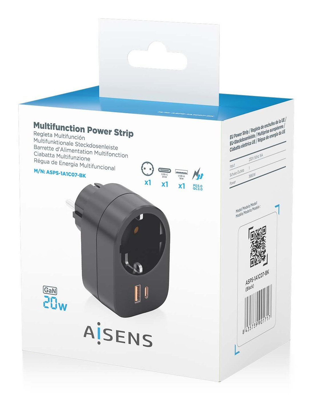 Aisens Regleta De Pared Multifuncion Con 1 Toma + 1xusb-C 20w Pd3.0, 1xusb-A 20w Qc3.0, Negro