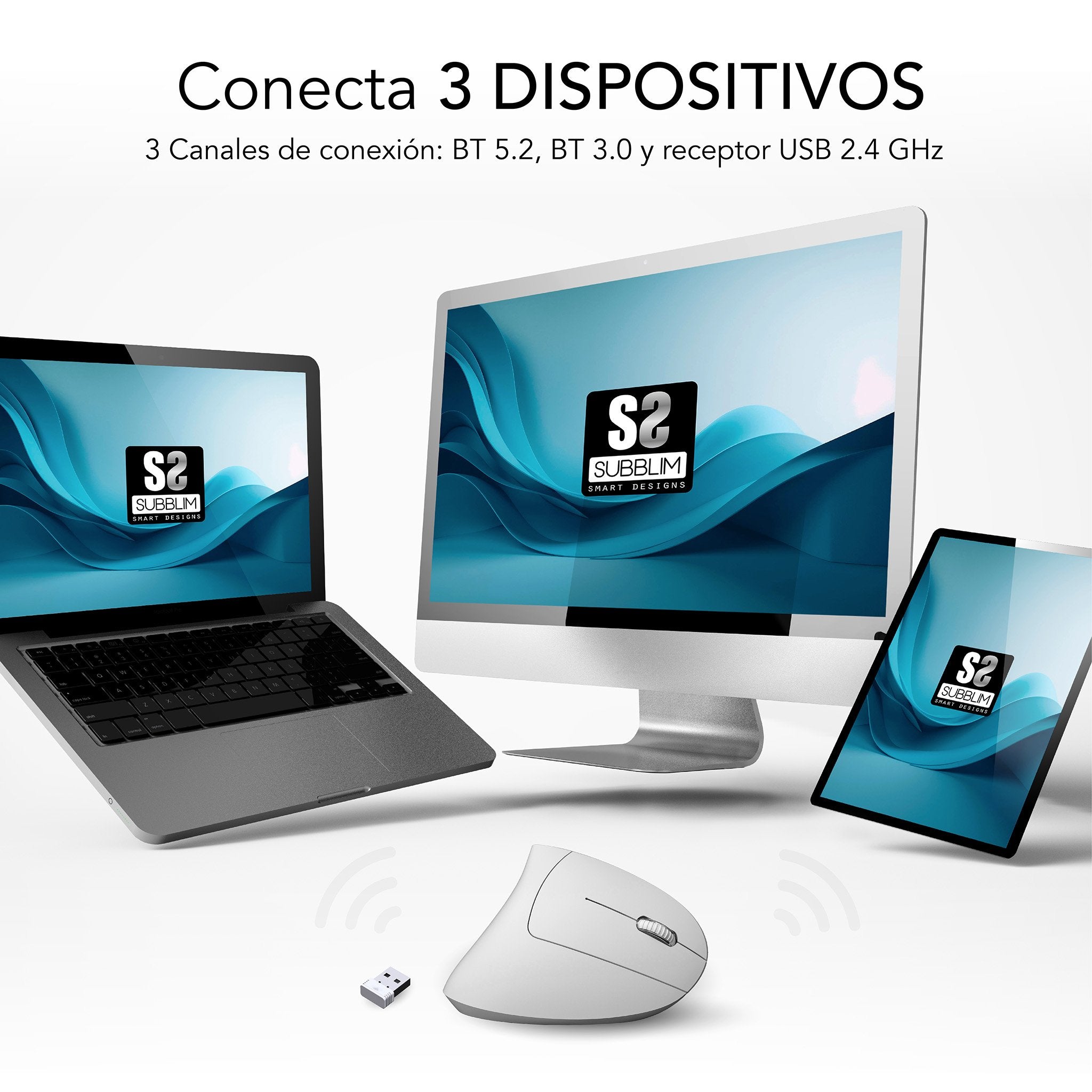 EAN 8436586743062 - SUBBLIM RATON OPTICO DUAL GLIDE VERTICAL ERGO DUAL BATERIA BLANCO ratón Universal mano derecha Bluetooth imagen 3