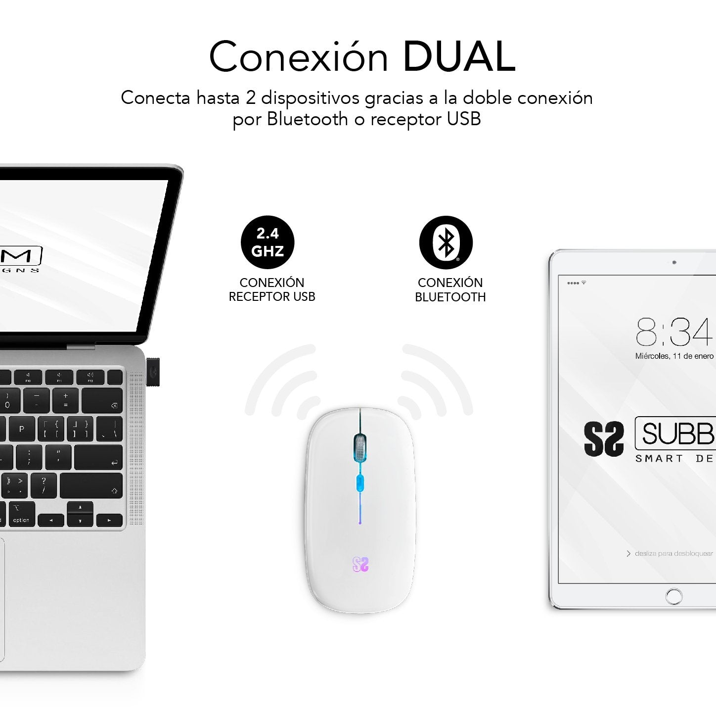 EAN 8436586742034 - SUBBLIM SUBMO-LDFLAT2 ratón Oficina Ambidextro RF Wireless + Bluetooth + USB Type-A Óptico 1600 DPI imagen 2
