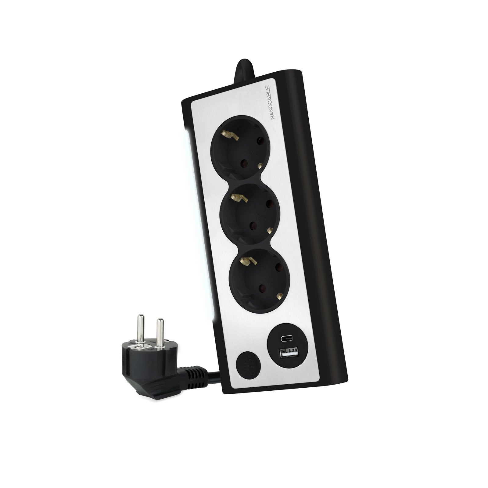 Nanocable Regleta De Sobremesa Con 3x Shuckos, 1x Usb-C Y 1x Usb-A - Iluminacion Led Con Interruptor - Cable De 1.50m