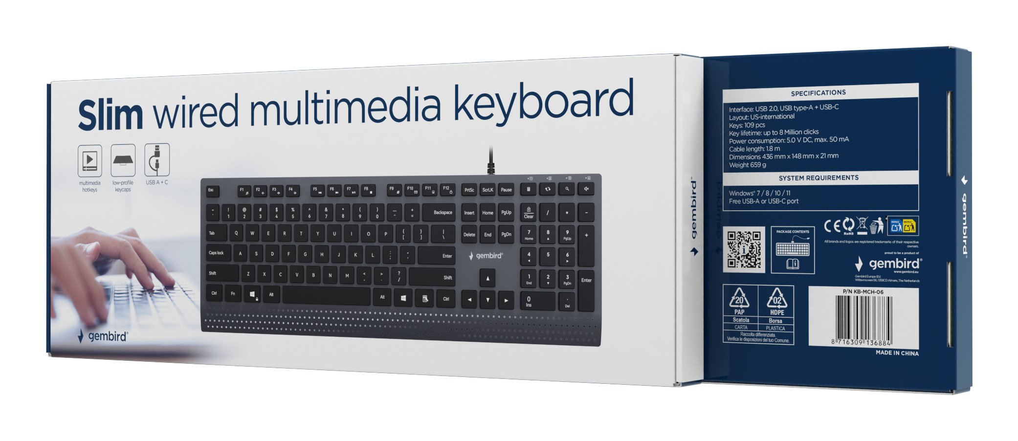 Gembird Slim Wired Multimedia Keyboard With Tipo C Adapter Us Layout