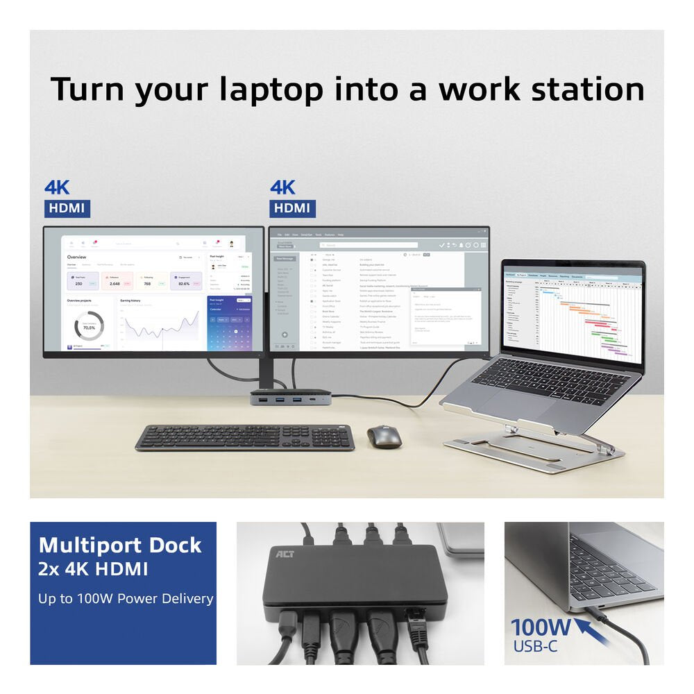 Docking Station Act Connectivity Usb C 4k Mst 2 Monitores Hdmi Ethernet Usb C 3x Usb A Pd Pass Through Cable 1m