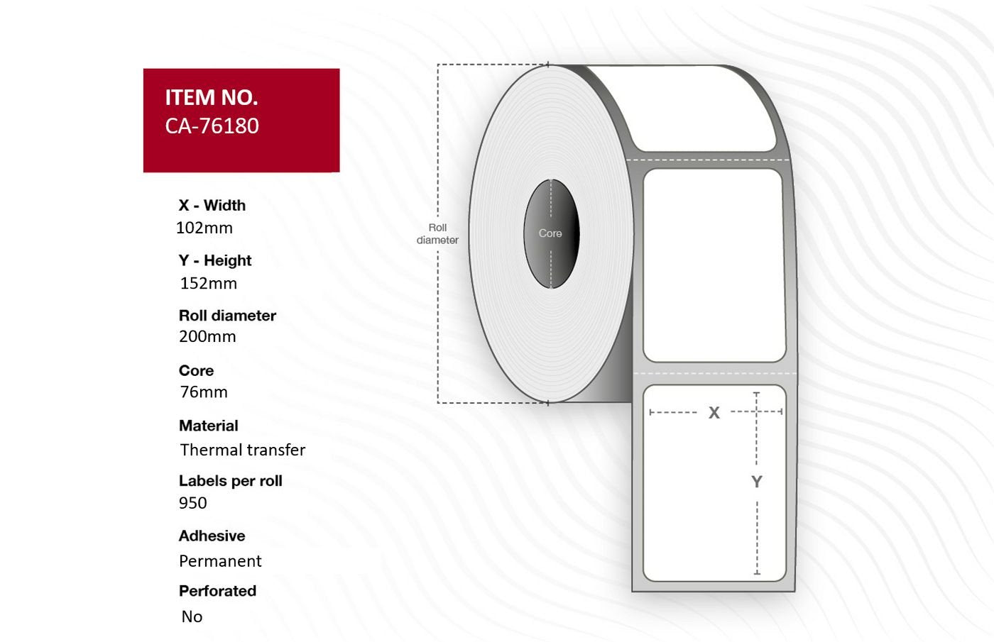Label 102 X 152mm, Core 76mm, - Thermal Transfer, Uncoated, - Permanent, No Perforation, 950 Labels Per Roll, 4 Rolls Per Box - Warranty: 12m
