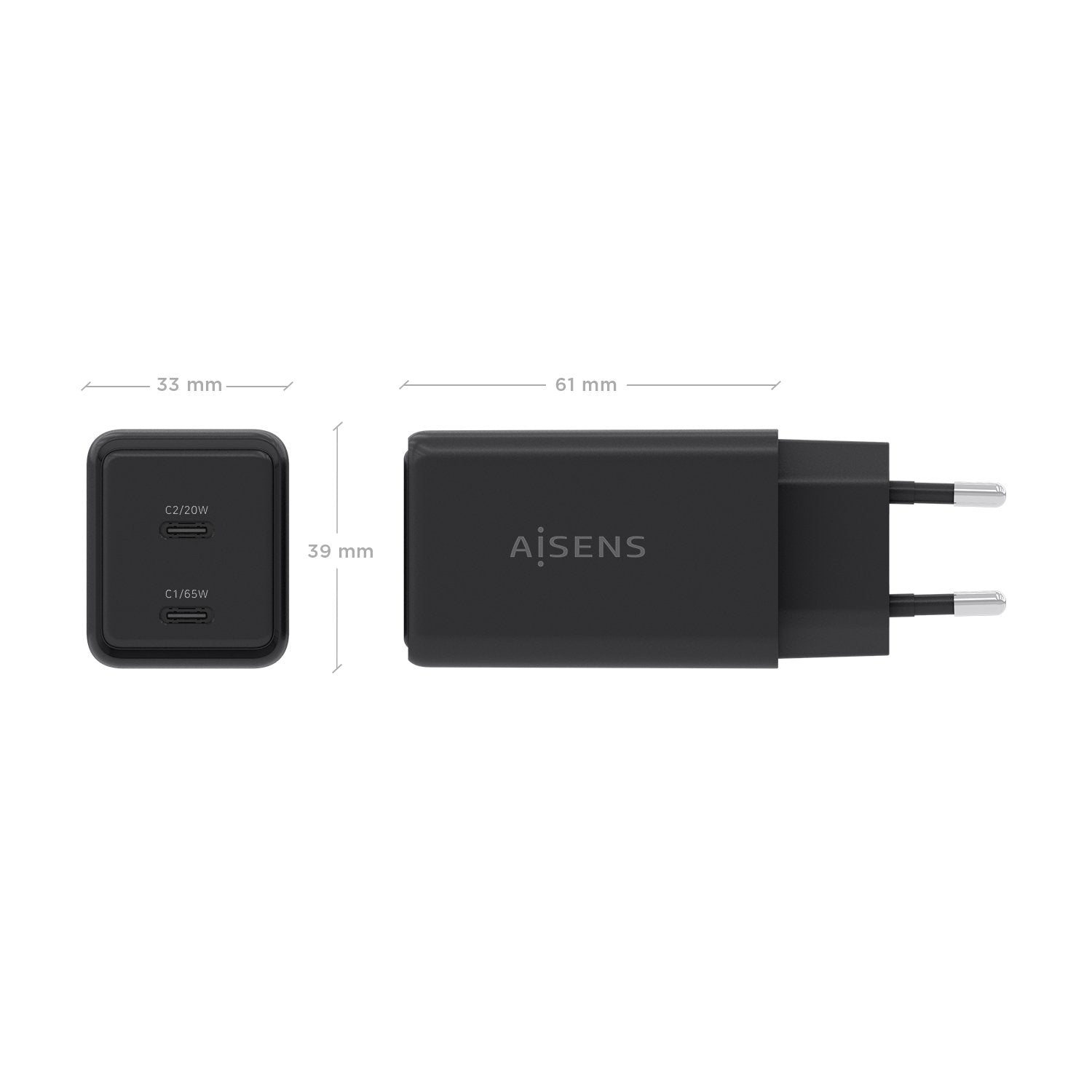 Aisens Cargador Gan 65w, 2xusb-C Pd3.0 Qc4.0, Negro