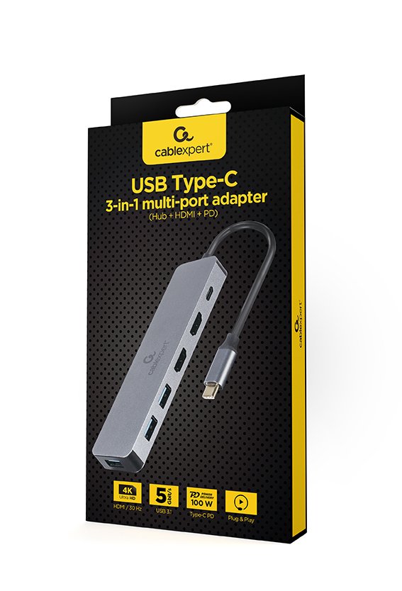 Gembird A-Cm-Combo3-03 Multi Port Adapter Usb Tipo C 3in1 Hub + Hdmi + Pd