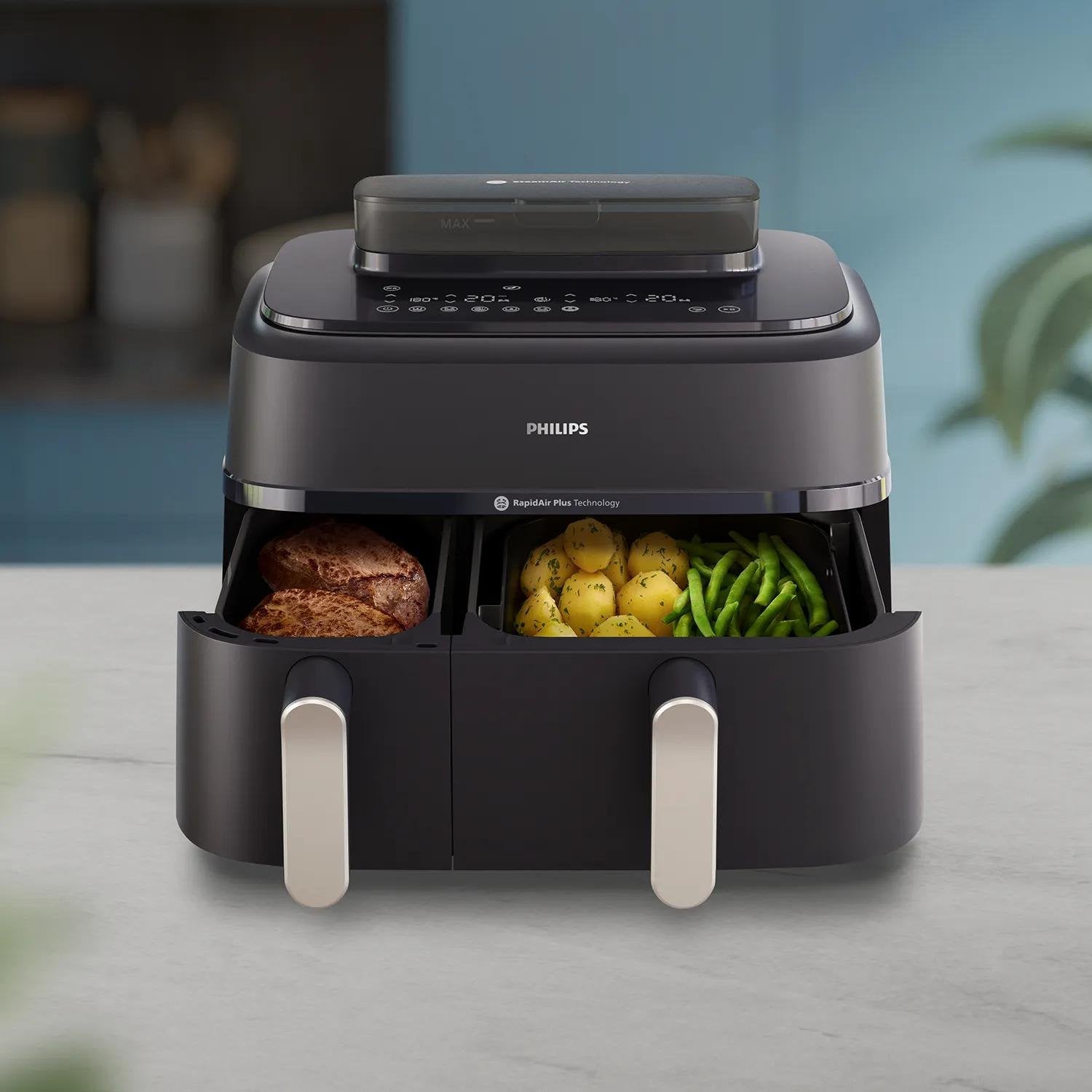 EAN 8720389047459 - Philips 5000 series NA551/00 freidora Doble 9 L Independiente 2750 W Freidora de aire caliente Negro, Pla imagen 2