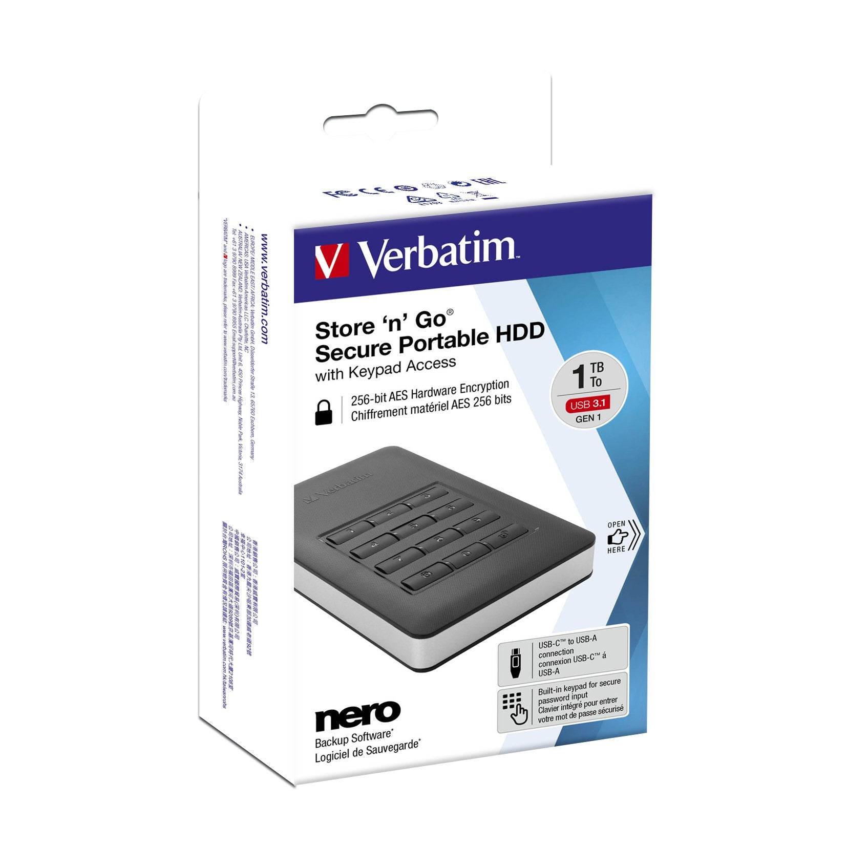 Verbatim Disco Duro Portátil Y Seguro Store Go De 1 Tb Con Teclado, Unidad De Disco Duro Negro/Plateado, 1000 Gb, Negro, Plata