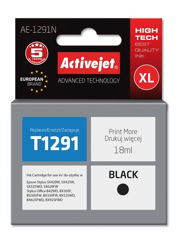 Tinta Activejet Ae-1291n (Reemplazo Para Epson T1291 - Supreme - 18 Ml - Negra)