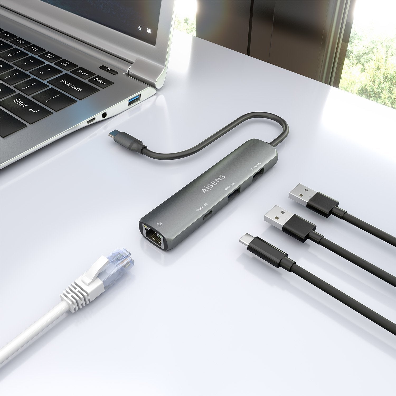 Aisens Dock Usb-C A Ethernet Gigabit + Hub 1xusb-C+2xusb-A, Gris, 15cm