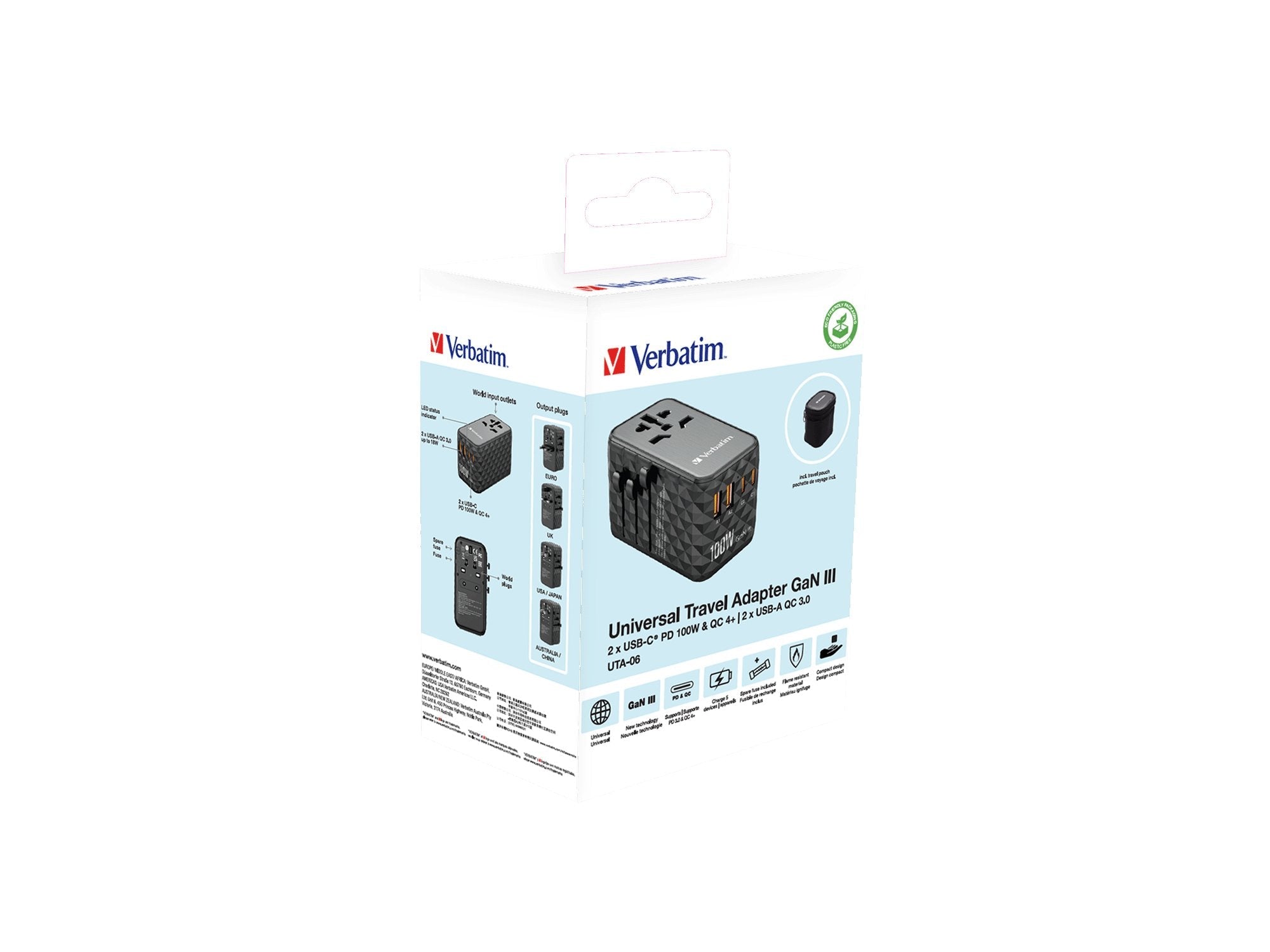 Cargador De Pared Universal Verbatim Uta-06 Gan Iii Toma De Corriente Universal 2xusb Tipo-C 2xusb 100w
