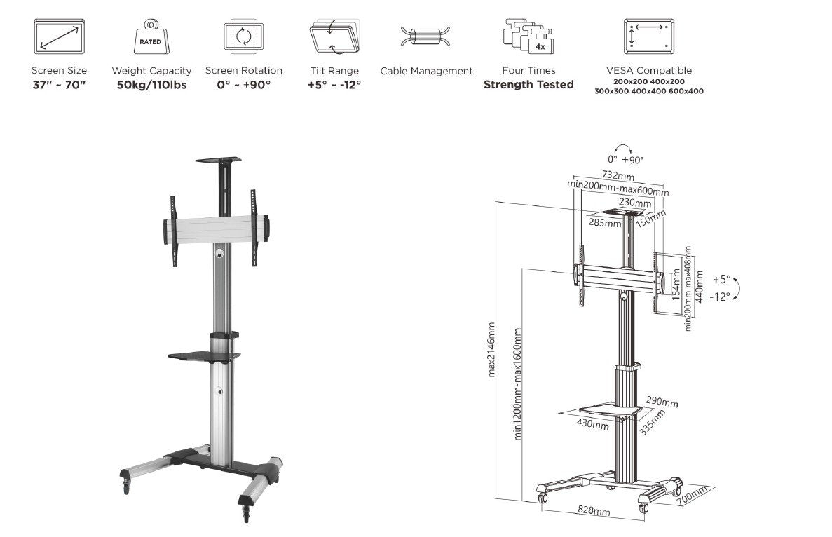 Soporte Pantalla De Suelo Con Ruedas Equip Para Pantalla De 37 - 70 Fijo Rotacion 90º De Aluminio Max. Vesa 600x400 Hasta 50kg