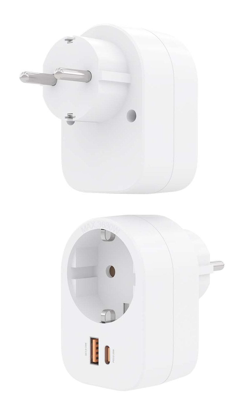 Aisens Regleta De Pared Multifuncion Con 1 Toma + 1xusb-C 20w Pd3.0, 1xusb-A 20w Qc3.0, Blanco