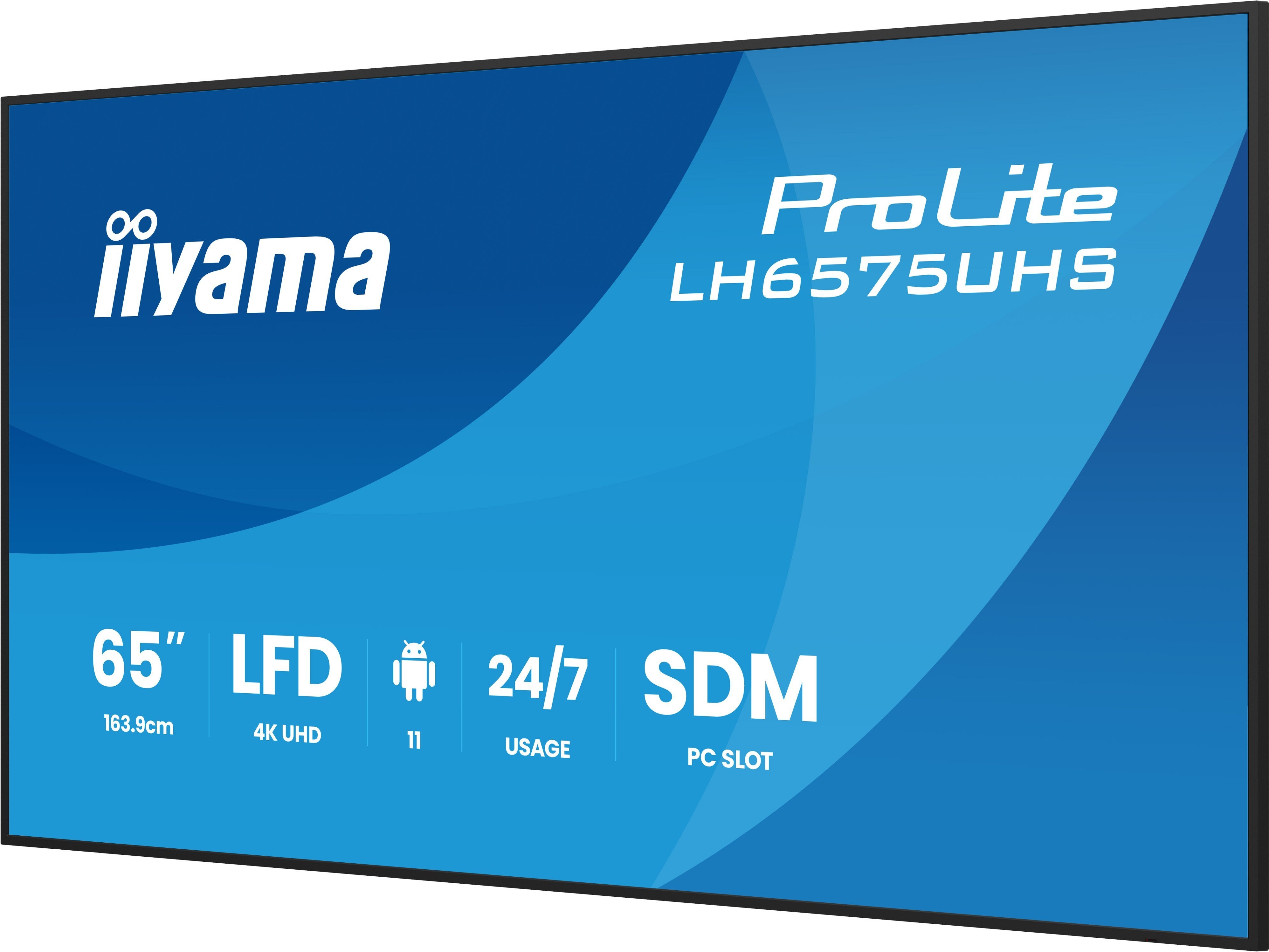 Monitor Iiyama 65" (Lh6575uhs-B1ag)3840x2160, Uhd Ips Panel, Operacion 24/7 500cd/M, Landscape Portrait, Signal Failover, Speakers 2x 10w, Multiple Inputs (Dvi-I (Vga),Hdmi 3x, Dp-Out ,Usb 2.0 X2, Wifi, Lan, Media Play Usb Port, Control Lan