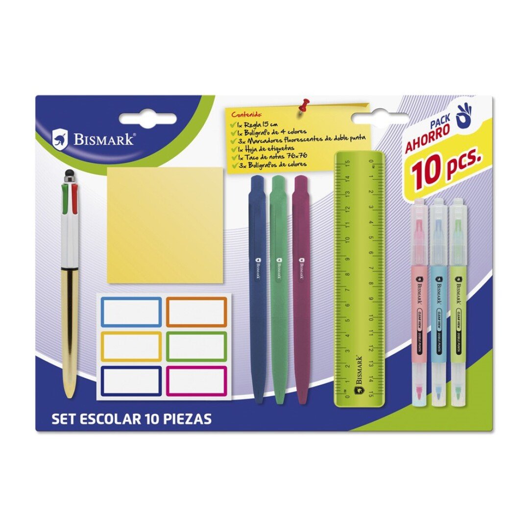 Bismark Pack Escolar Con Regla Flexible 15cm, Boligrafo 4 Colores, 3 Marcadores Fluorescentes Doble Punta, Taco Notas