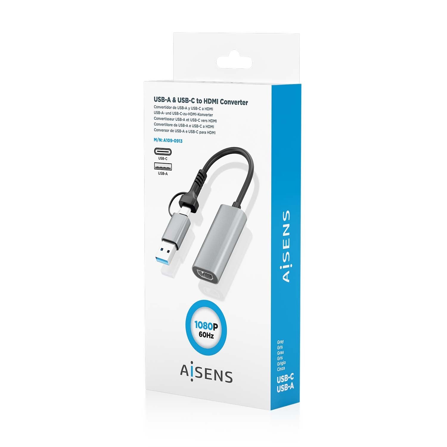 Aisens Conversor Aluminio Usb-A+Usb-C A Hdmi 1080p@60hz, Usb-A/M+Usb-C/M-Hdmi/H, Gris, 15cm