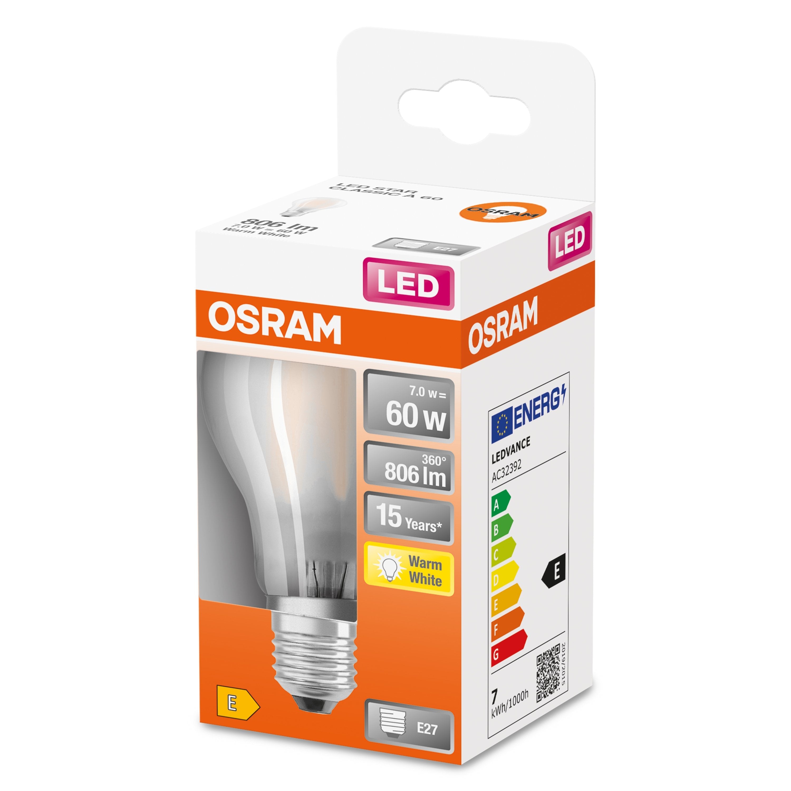 Osram Led Star Cl A Gl Fros. 7w 827 E27 806lm 2700k (Cri 80) 15000h A++ (Krabicka 1ks)