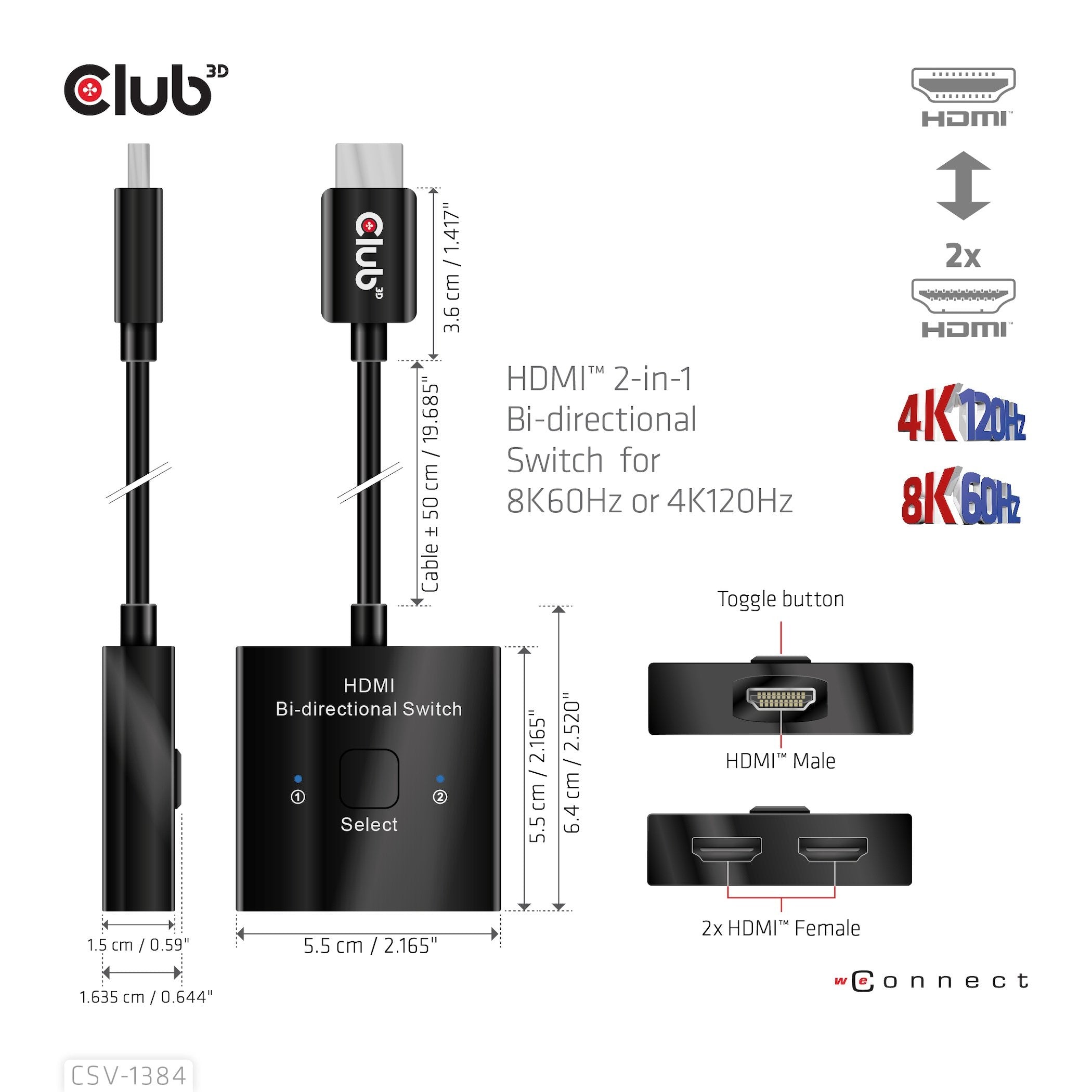 Club3d Hdmi Switch 2-In-1 Bidirektional 8k60hz 4k120hz Uhd Retail