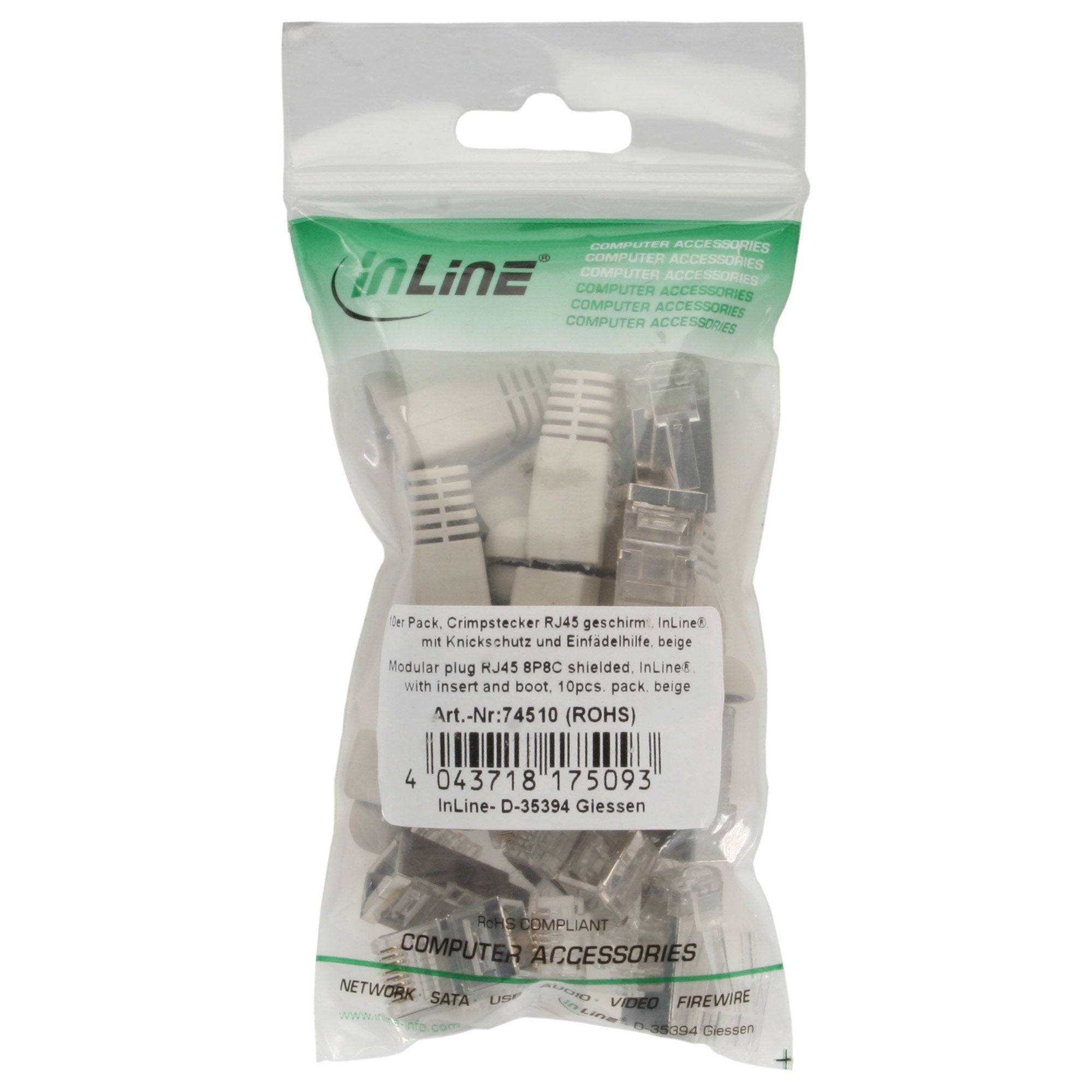 Conector De Crimpado Inline Rj45 8p8c Blindado Con Enhebrador + Protección Contra Dobleces Gris 10 Uds.