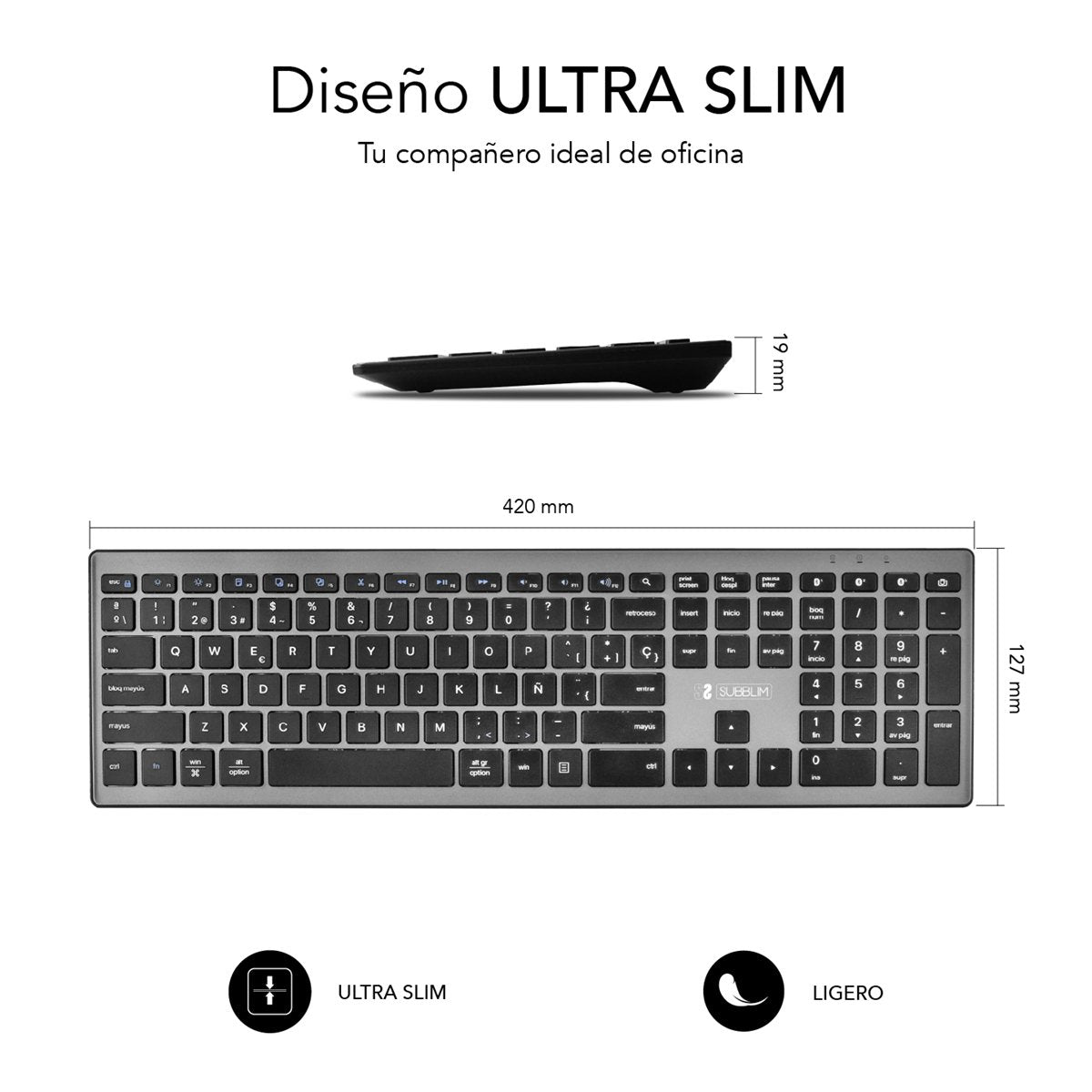 Teclado Español Pure Extended Grey Subblim Bluetooth 5.1/ Multidispositivo Hasta 3 Dispositivos