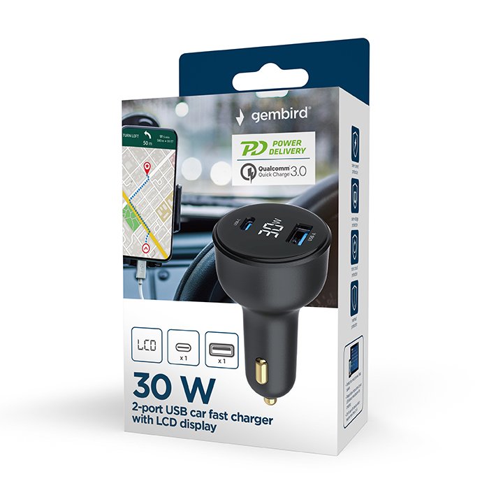 Cargador Rápido Para Coche Gembird Con 2 Puertos Usb, Tipo C, Pd, Lcd, 30 W, Color Negro