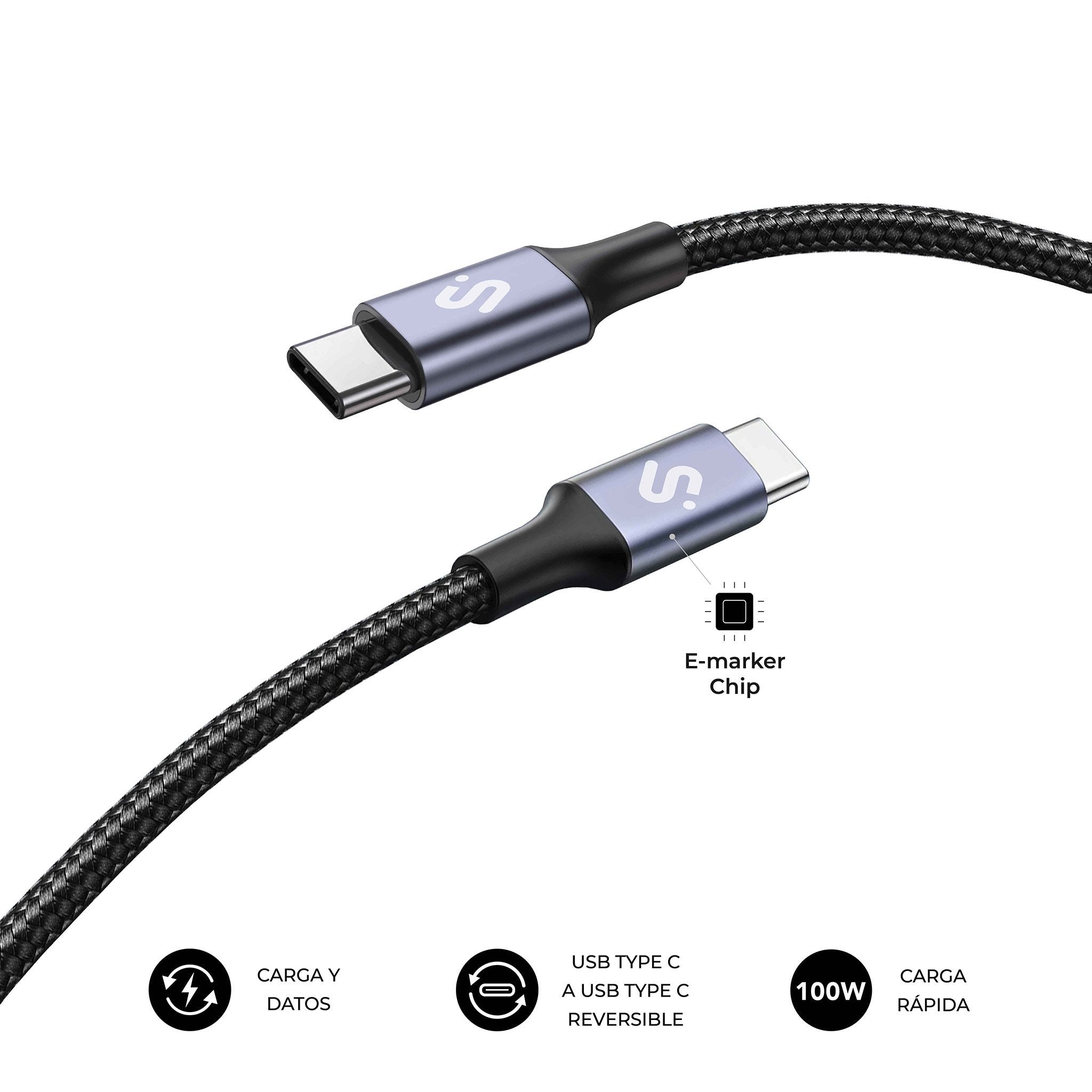 Cable Plus 100w Usb-C/Usb-C 2 M Negro Subblim 100w/ Longitud: 2m/ Usb-C &Harr; Usb-C/ Pd 3.0 Y Qc 3.0,