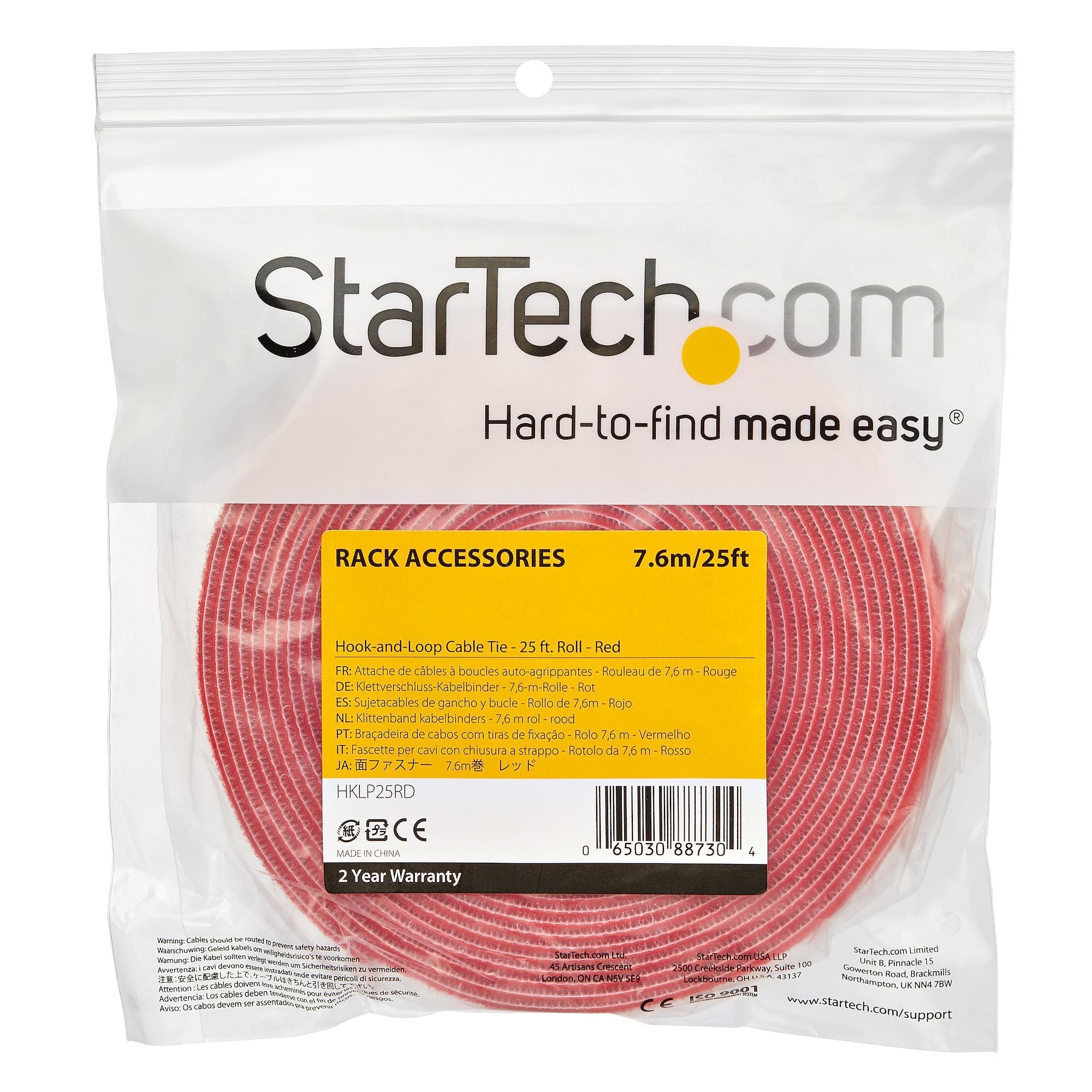 Startech.Com Velcro 7,5m - Bobina De Gancho Y Bucle - Rojo
