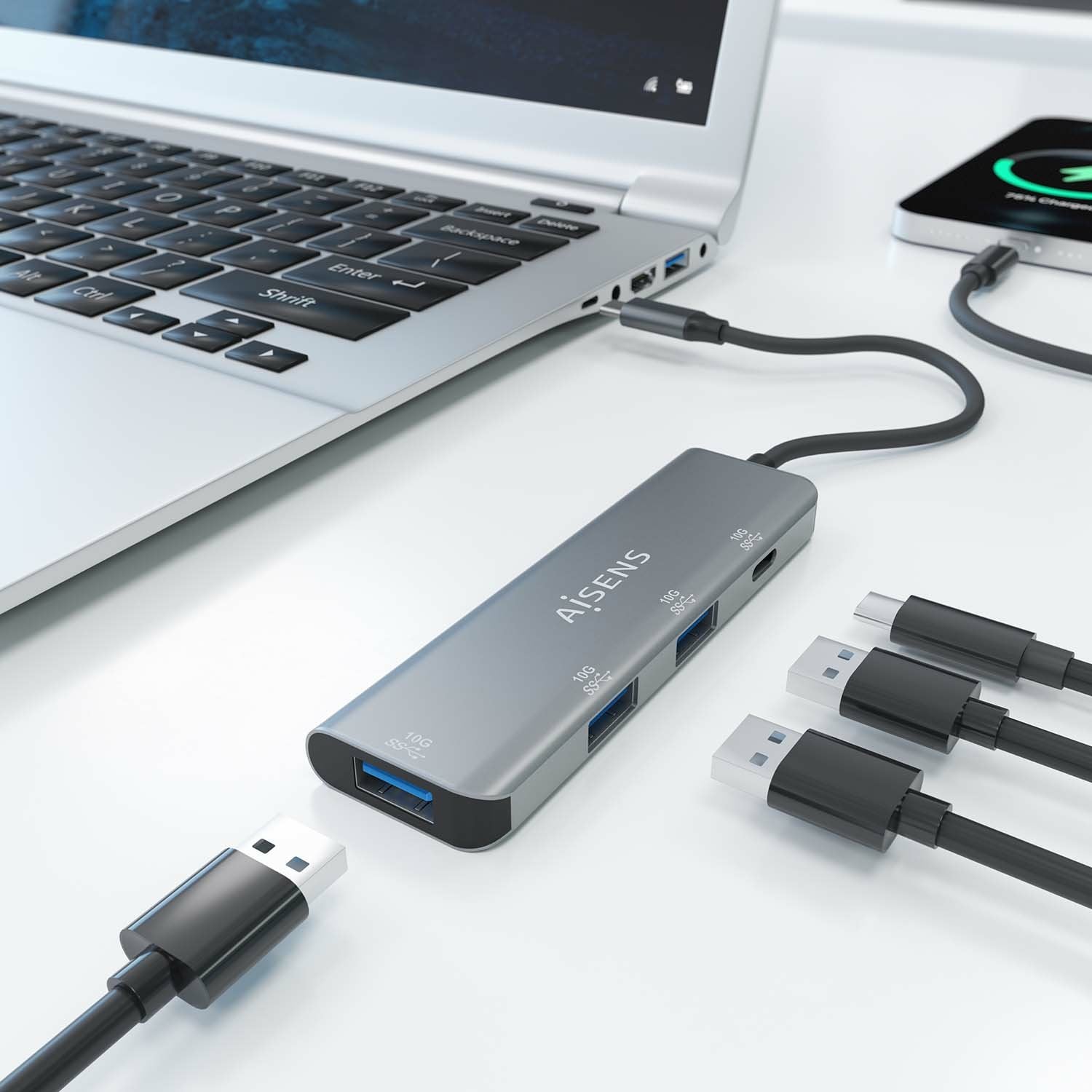 Aisens Hub Usb 3.2 Gen2 10g Usb-C - Usb-C/M-1xusb-C/H-3xusb-A/H - 15cm - Gris
