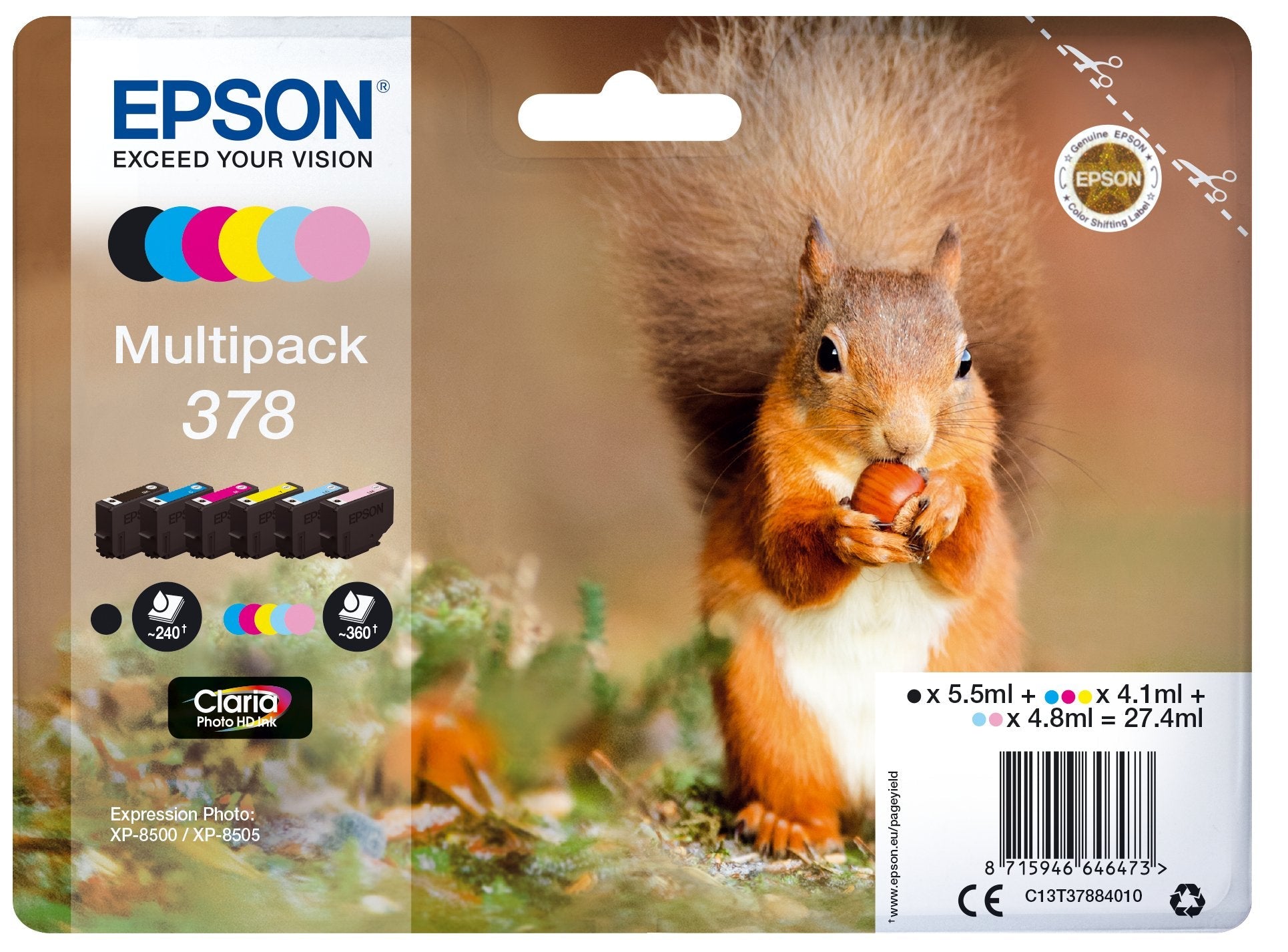 EAN 8715946646473 - Epson Squirrel C13T37884010 cartucho de tinta 1 pieza(s) Original Rendimiento estándar Negro, Cian, Cian imagen 1