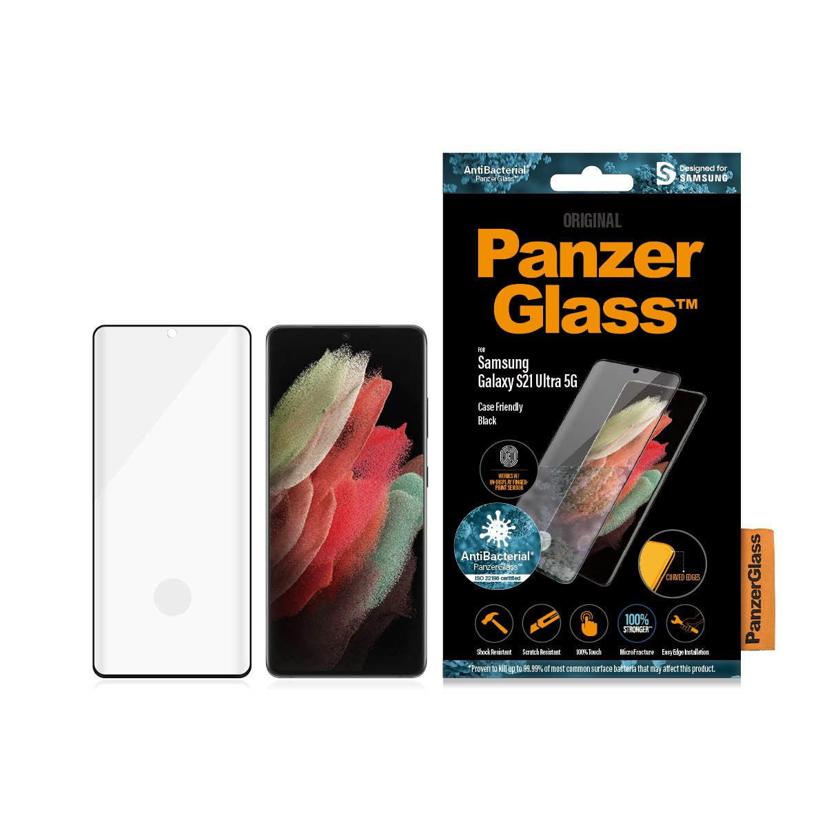 Panzerglass 7258, Protector De Pantalla, Samsung, Galaxy S21 Ultra, Resistente A Rayones, Antibacteriano, Transparente