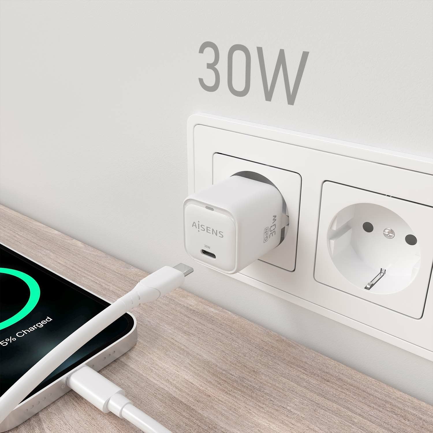Aisens Cargador Gan 30w, 1xusb-C Pd3.0 Qc4.0, Blanco