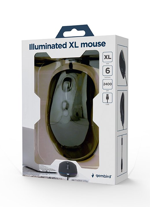 Gembird Mus-Ul-02 Ratón Con Cable Iluminado De Gran Tamaño, Usb, 2400dpi, Negro