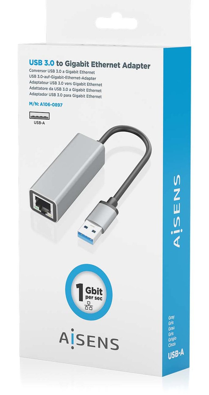 Aisens Conversor Usb 3.0 A Ethernet Gigabit 10/100/1000 Mbps, Gris, 15cm