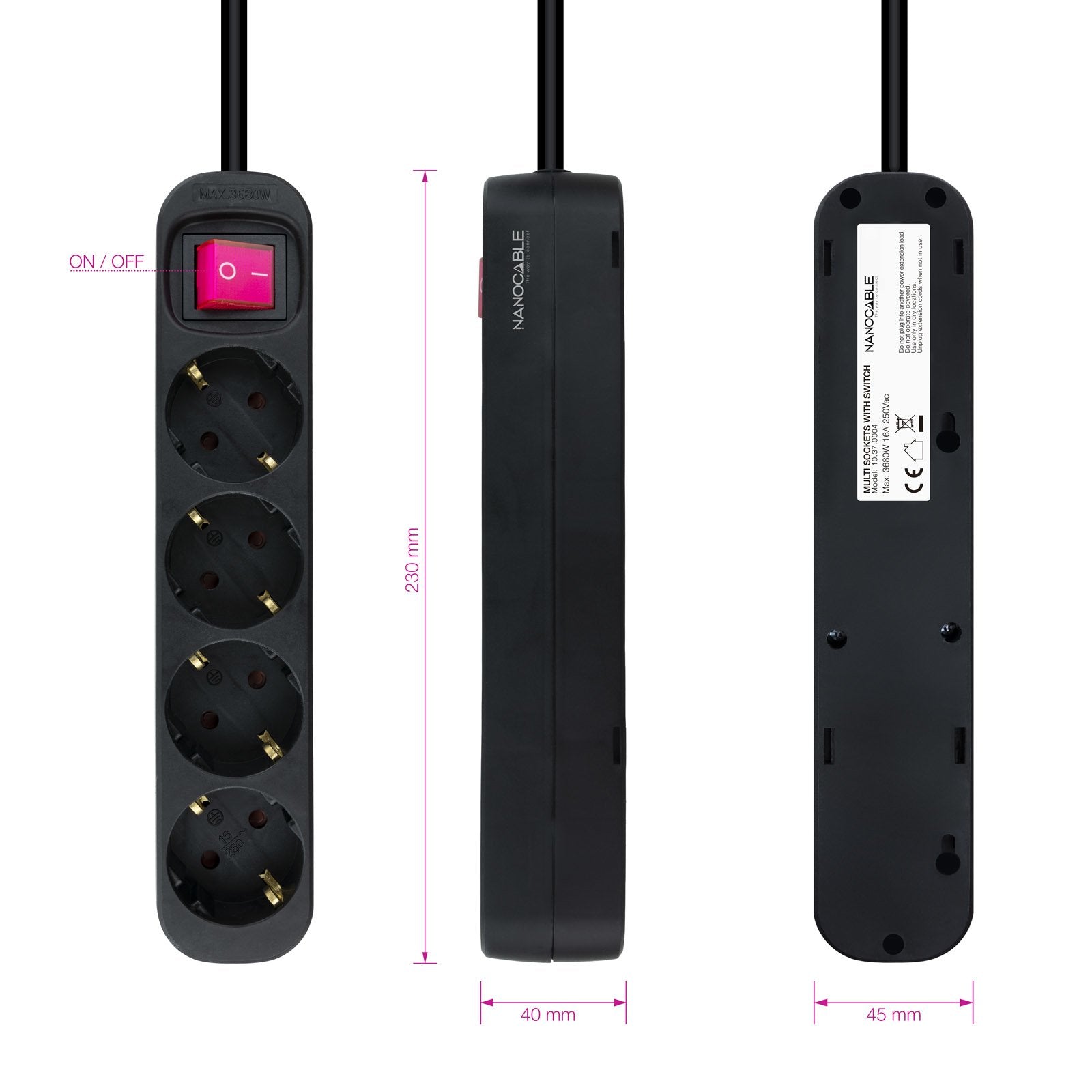 Nanocable Regleta De Proteccion Con 4 Shuckos - Cable De 1.40m - Interruptor On/Off - Negro