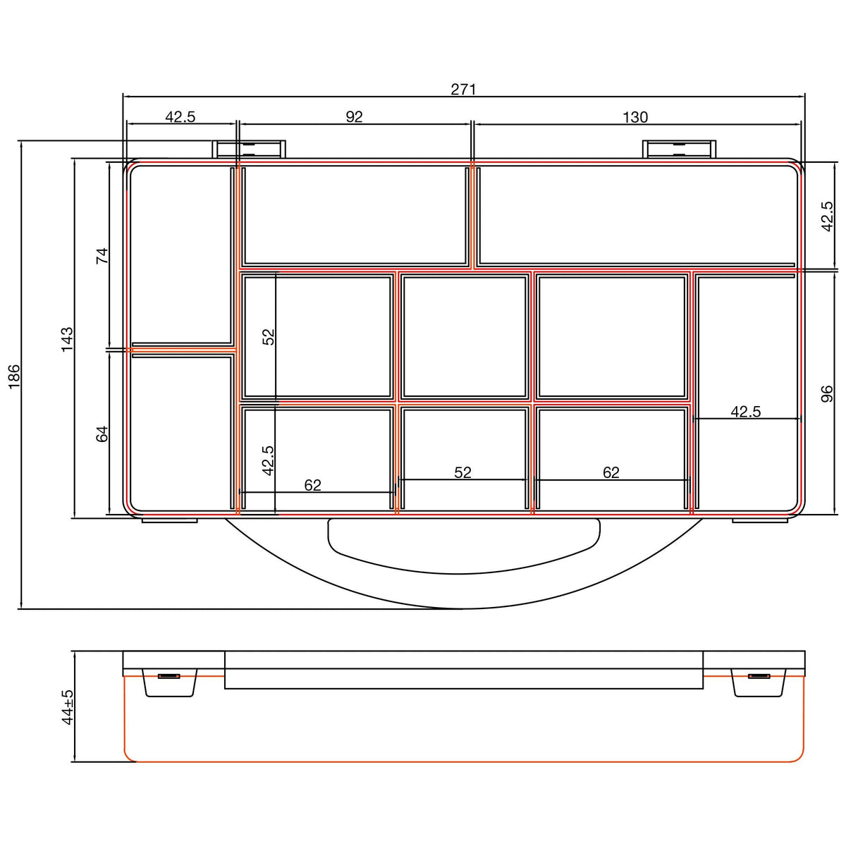 Inline® Small Components Box, 11 Compartments, 271x186x40mm, Orange